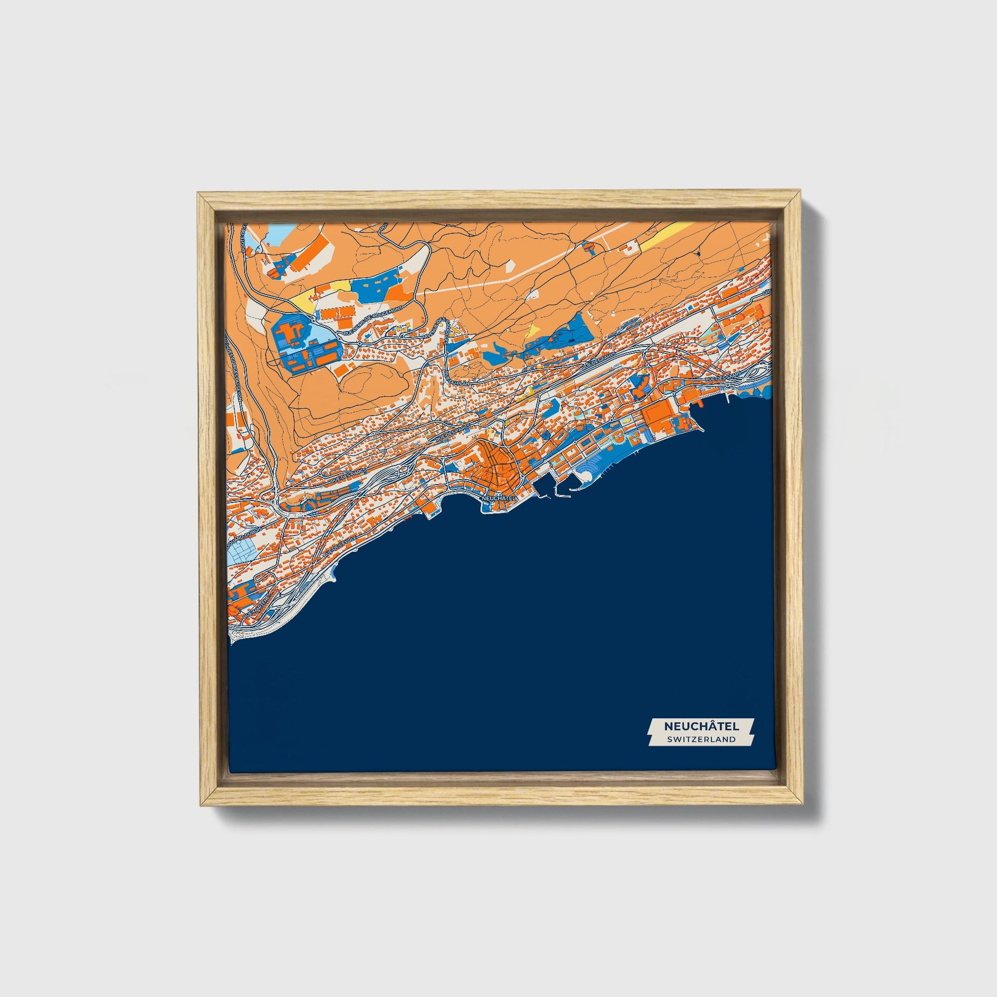 Neuchâtel Switzerland Colorful City Map Canvas Print • Natural Wooden Framed