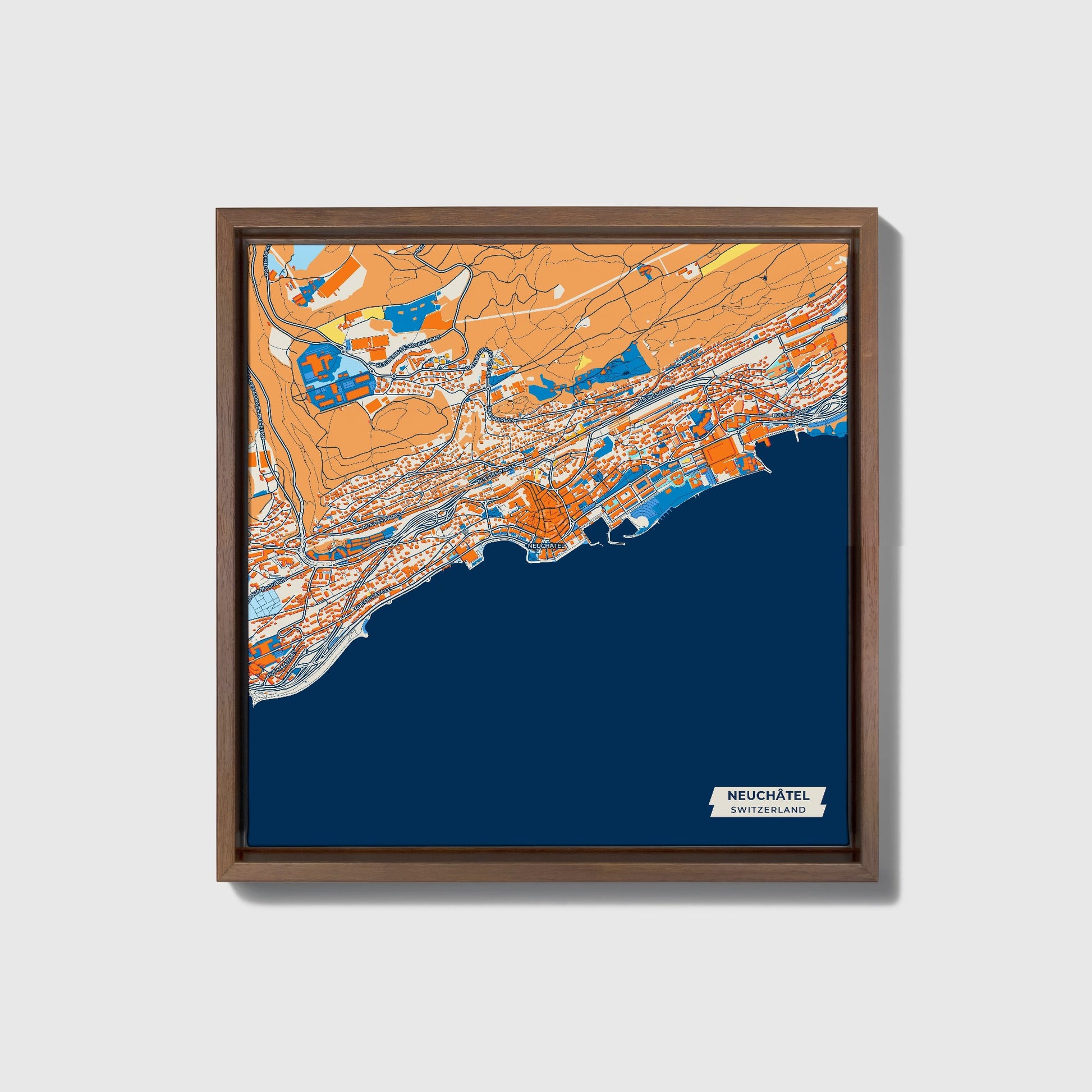 Neuchâtel Switzerland Colorful City Map Canvas Print • Dark Wooden Framed