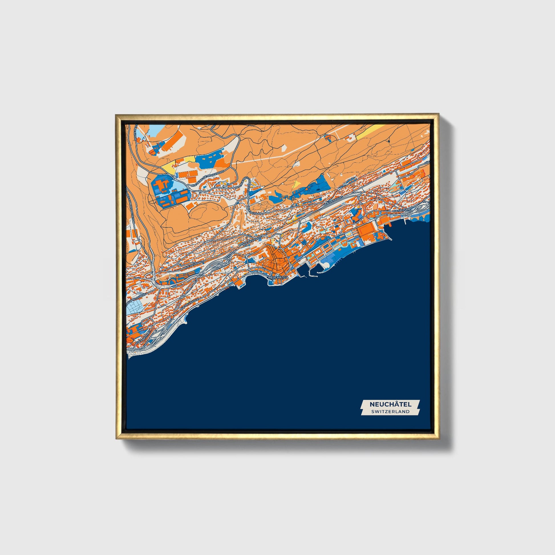 Neuchâtel Switzerland Colorful City Map Canvas Print • Gold Framed