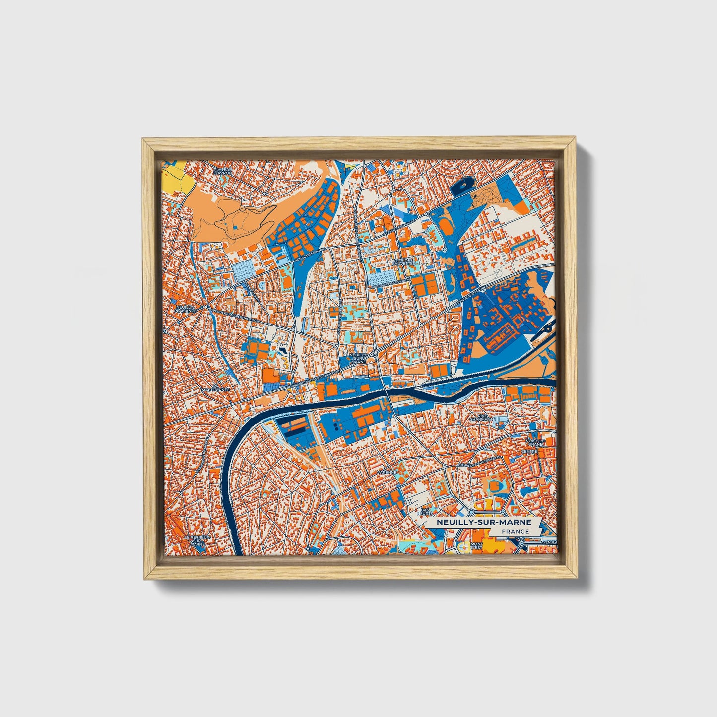 Neuilly-Sur-Marne France Colorful City Map Canvas Print • Natural Wooden Framed