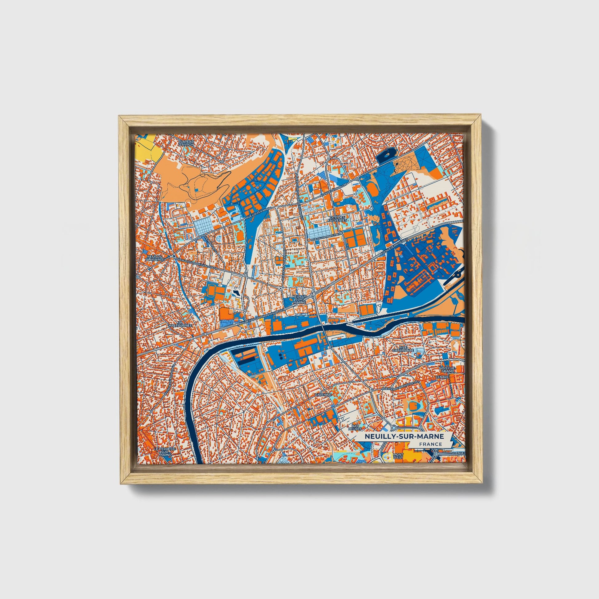 Neuilly-Sur-Marne France Colorful City Map Canvas Print • Natural Wooden Framed