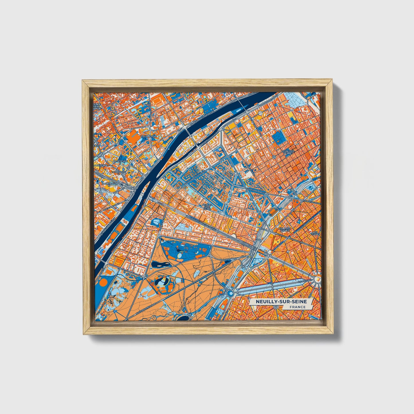 Neuilly-Sur-Seine France Colorful City Map Canvas Print • Natural Wooden Framed