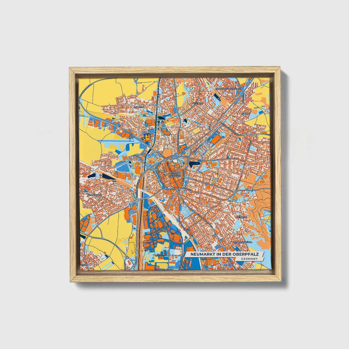 Neumarkt In Der Oberpfalz Germany Colorful City Map Canvas Print • Natural Wooden Framed