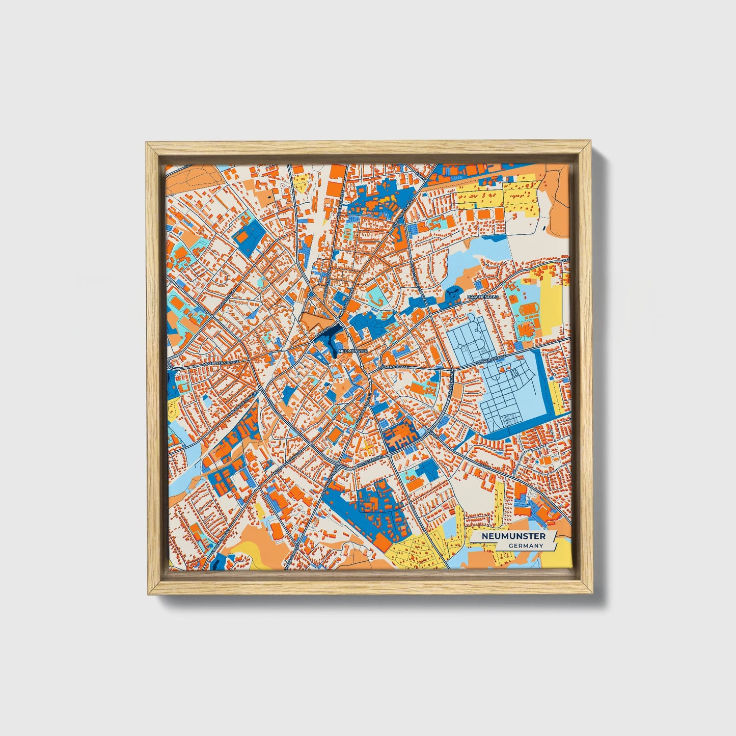 Neumünster Germany Colorful City Map Canvas Print • Natural Wooden Framed