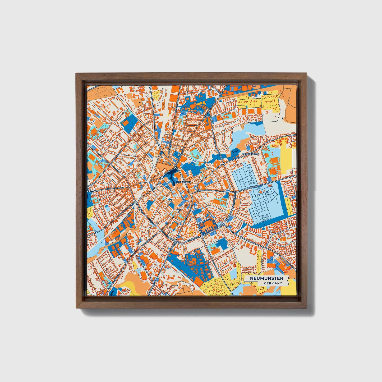 Neumünster Germany Colorful City Map Canvas Print • Dark Wooden Framed