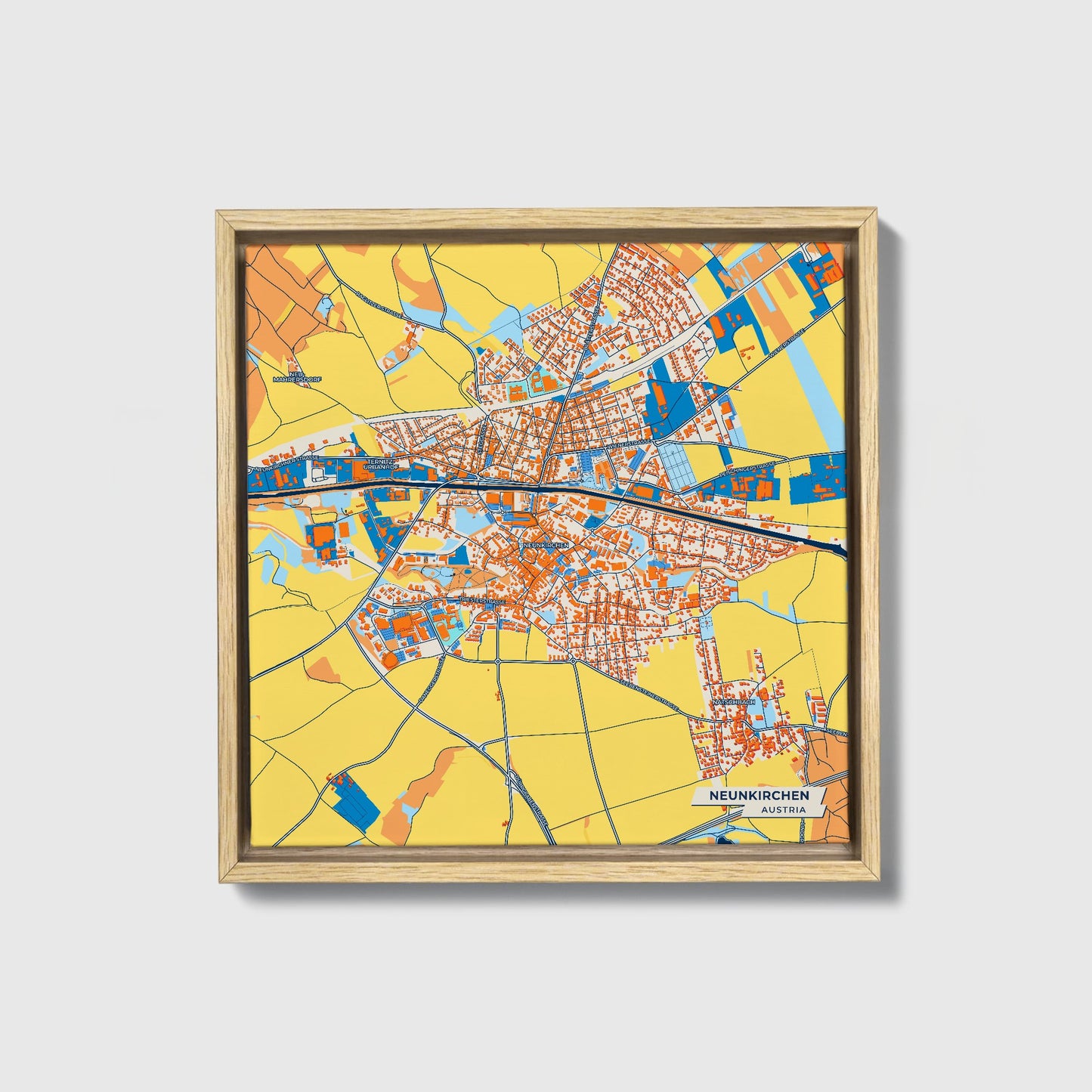 Neunkirchen Austria Colorful City Map Canvas Print • Natural Wooden Framed