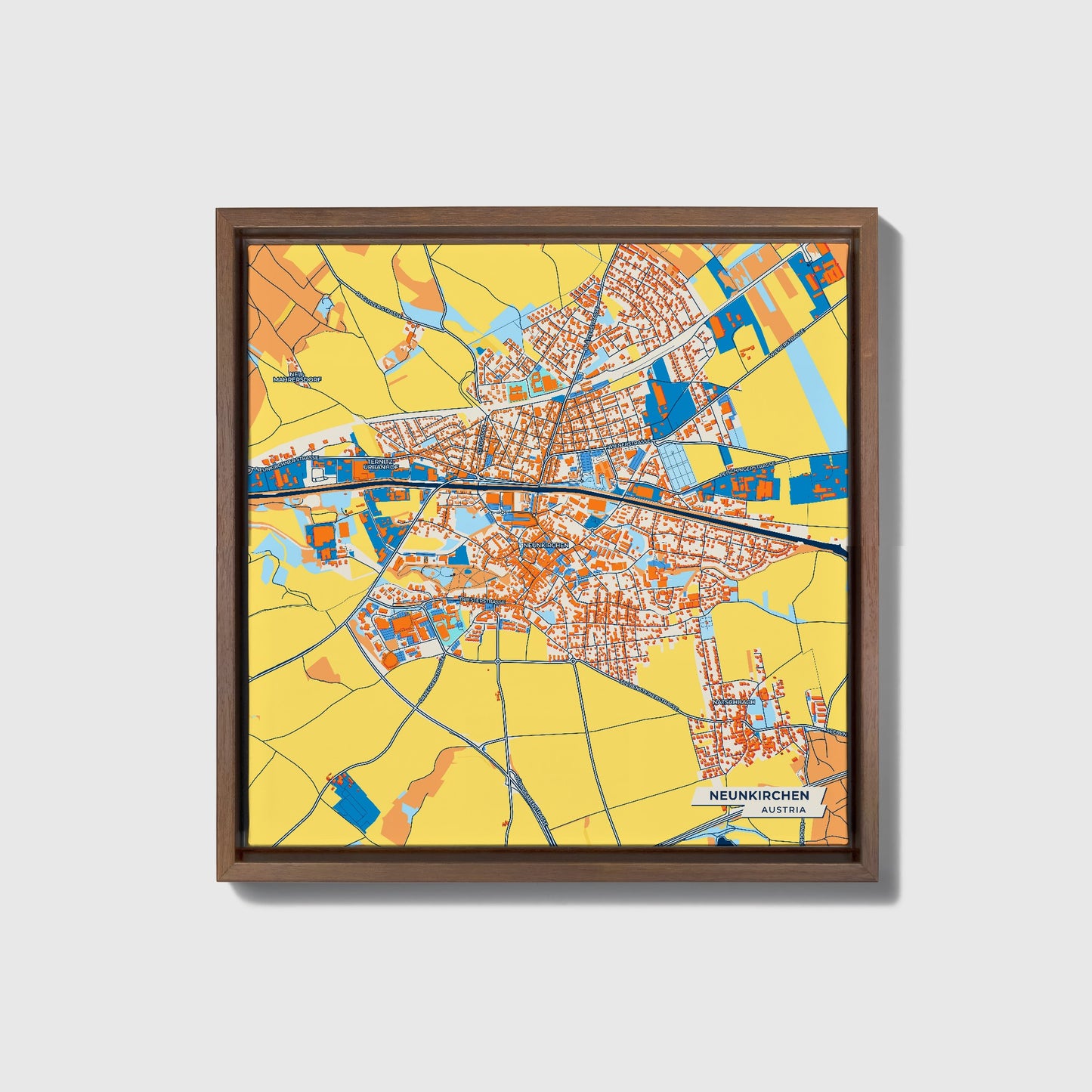 Neunkirchen Austria Colorful City Map Canvas Print • Dark Wooden Framed