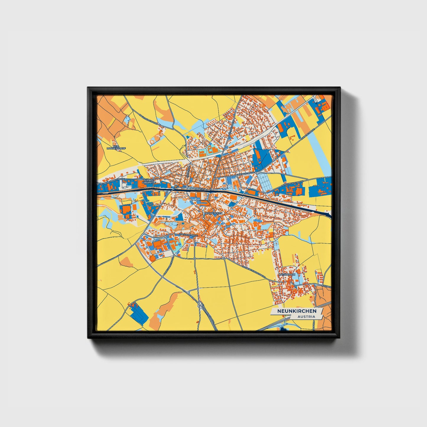 Neunkirchen Austria Colorful City Map Canvas Print • Black Framed