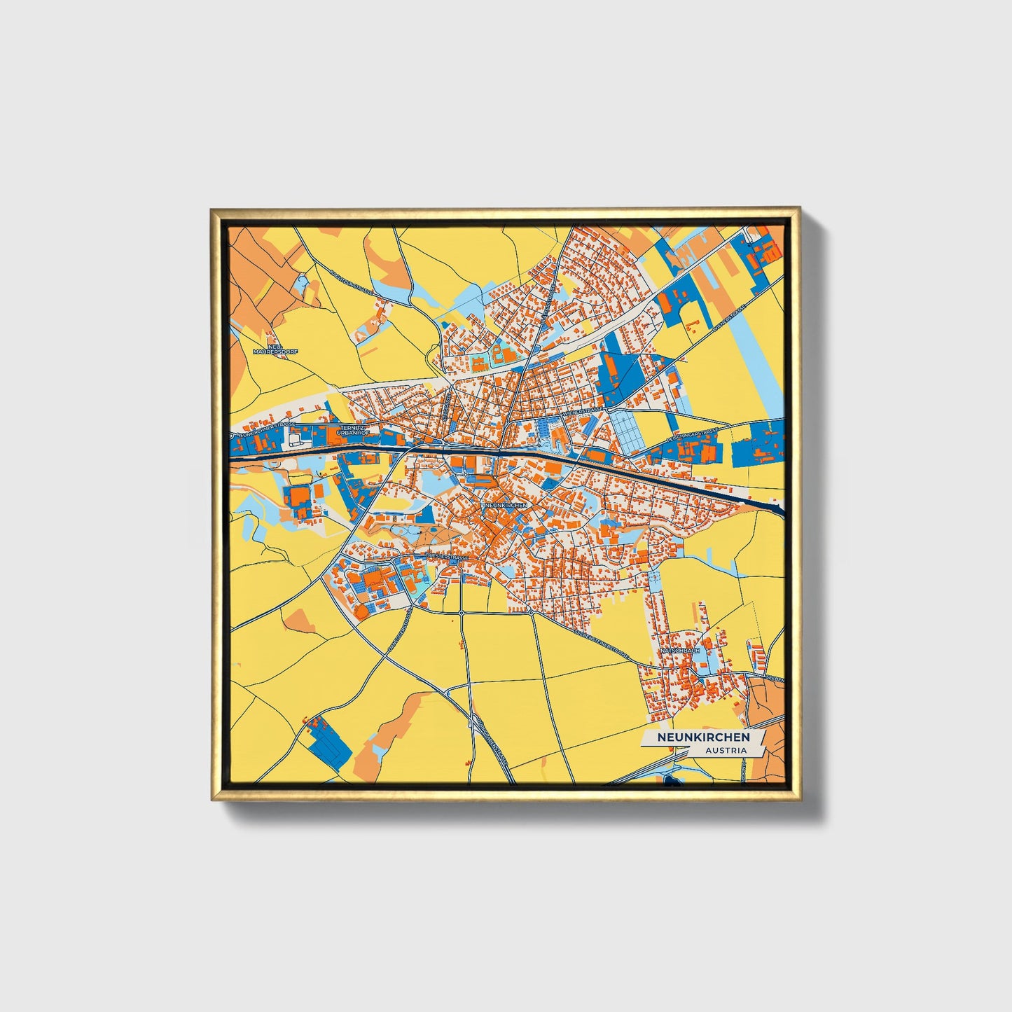 Neunkirchen Austria Colorful City Map Canvas Print • Gold Framed