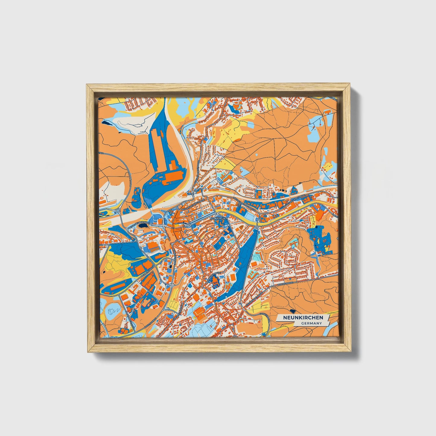 Neunkirchen Germany Colorful City Map Canvas Print • Natural Wooden Framed