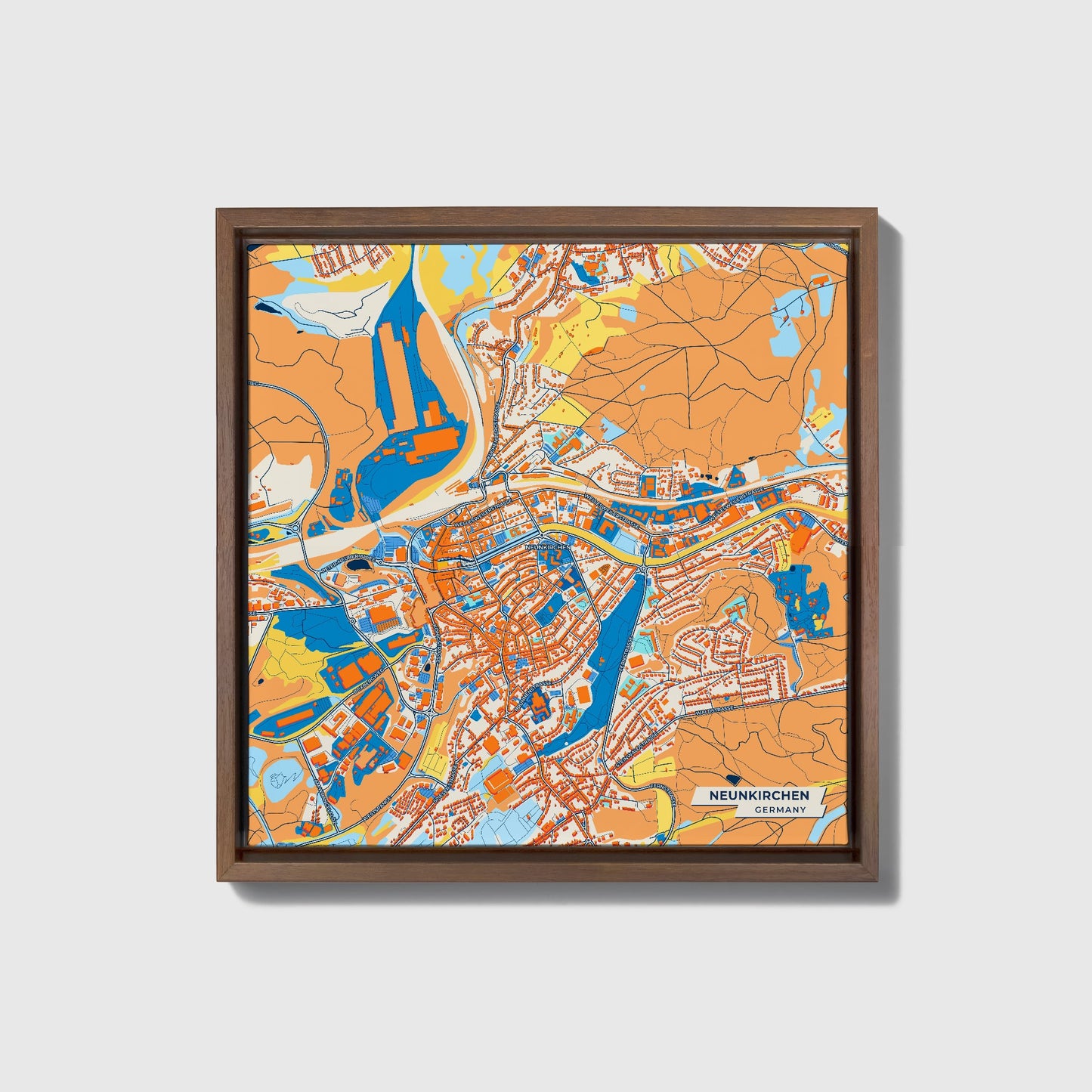 Neunkirchen Germany Colorful City Map Canvas Print • Dark Wooden Framed