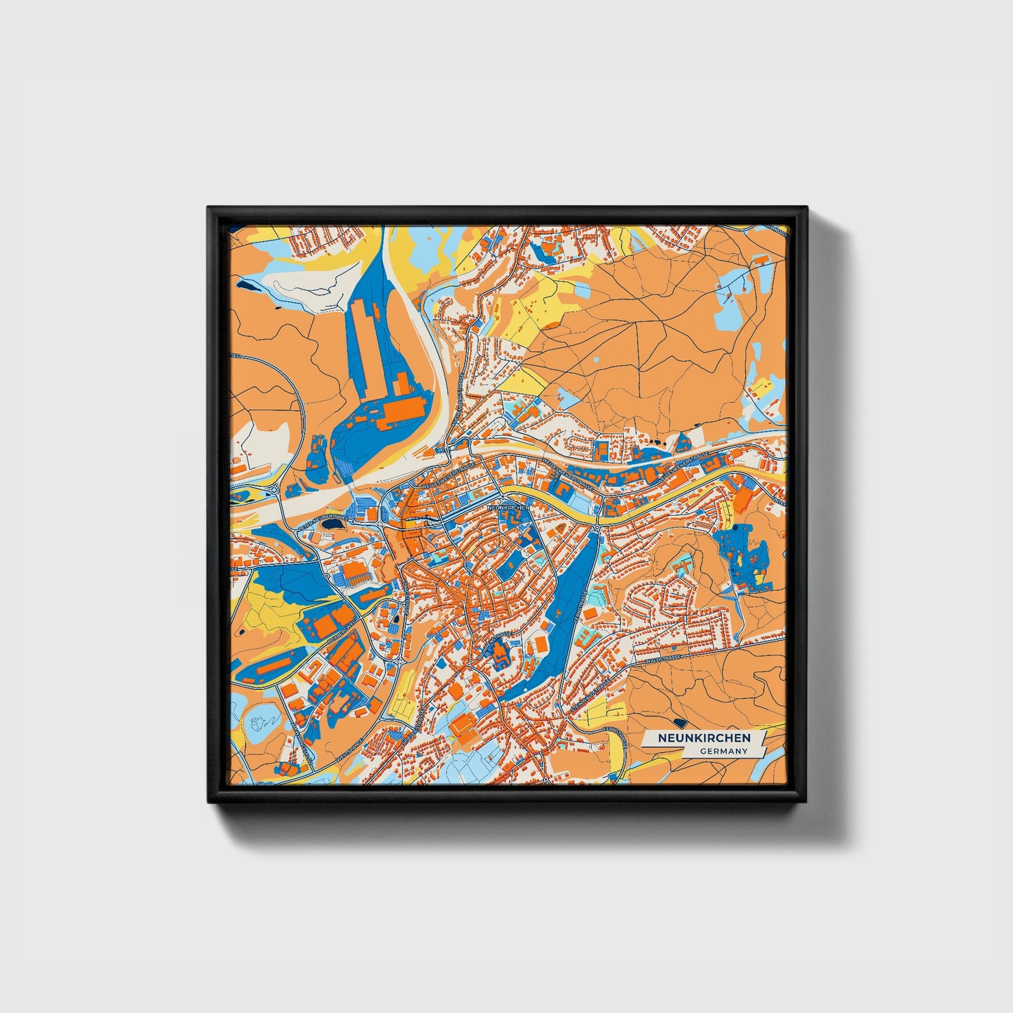 Neunkirchen Germany Colorful City Map Canvas Print • Black Framed