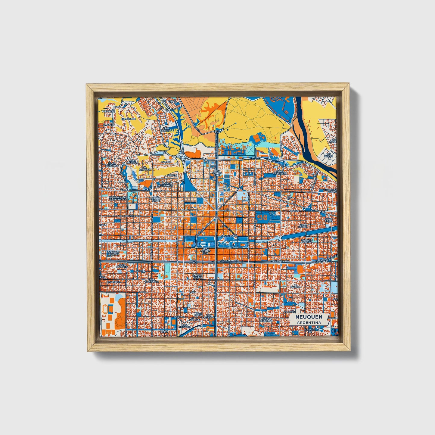 Neuquen Argentina Colorful City Map Canvas Print • Natural Wooden Framed