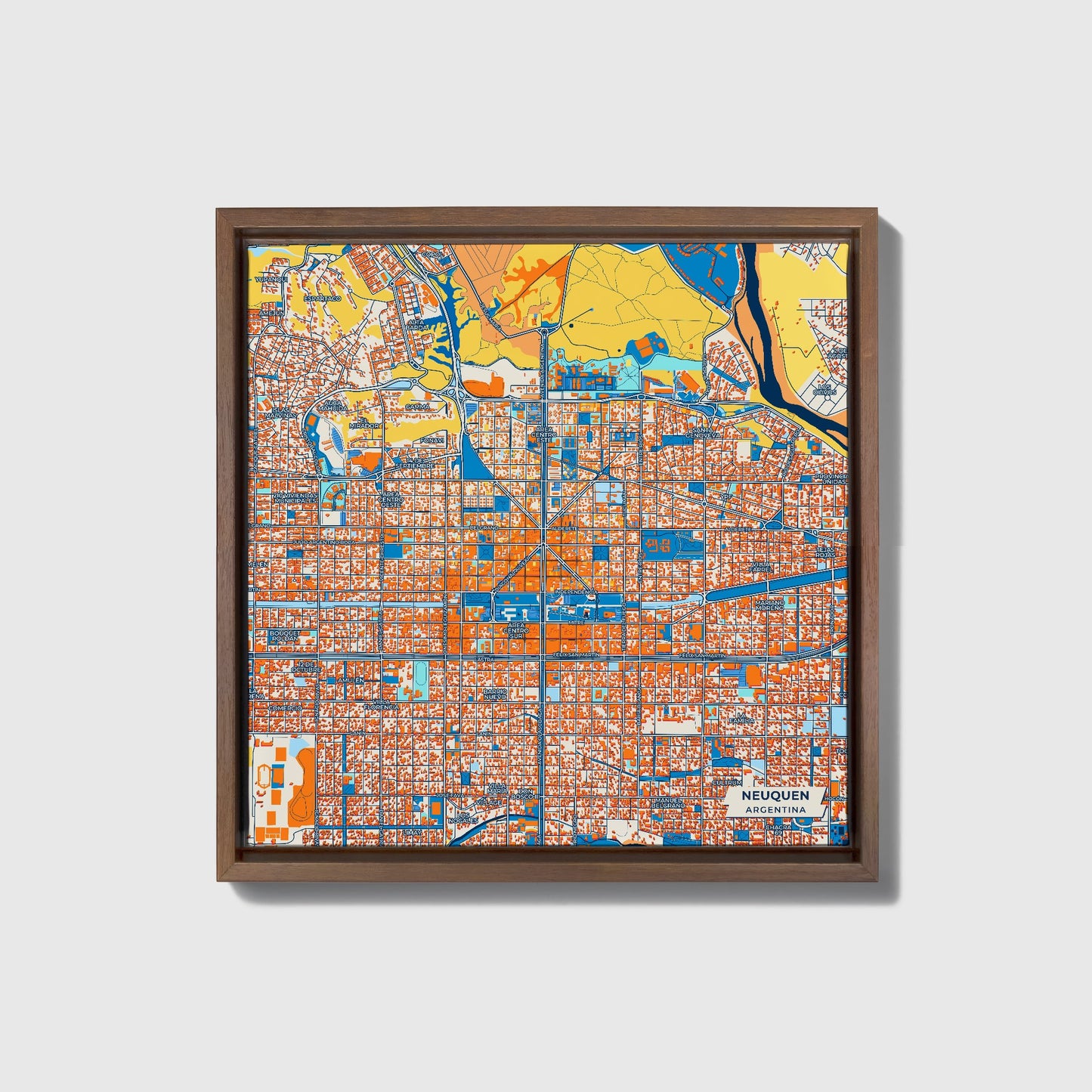 Neuquen Argentina Colorful City Map Canvas Print • Dark Wooden Framed