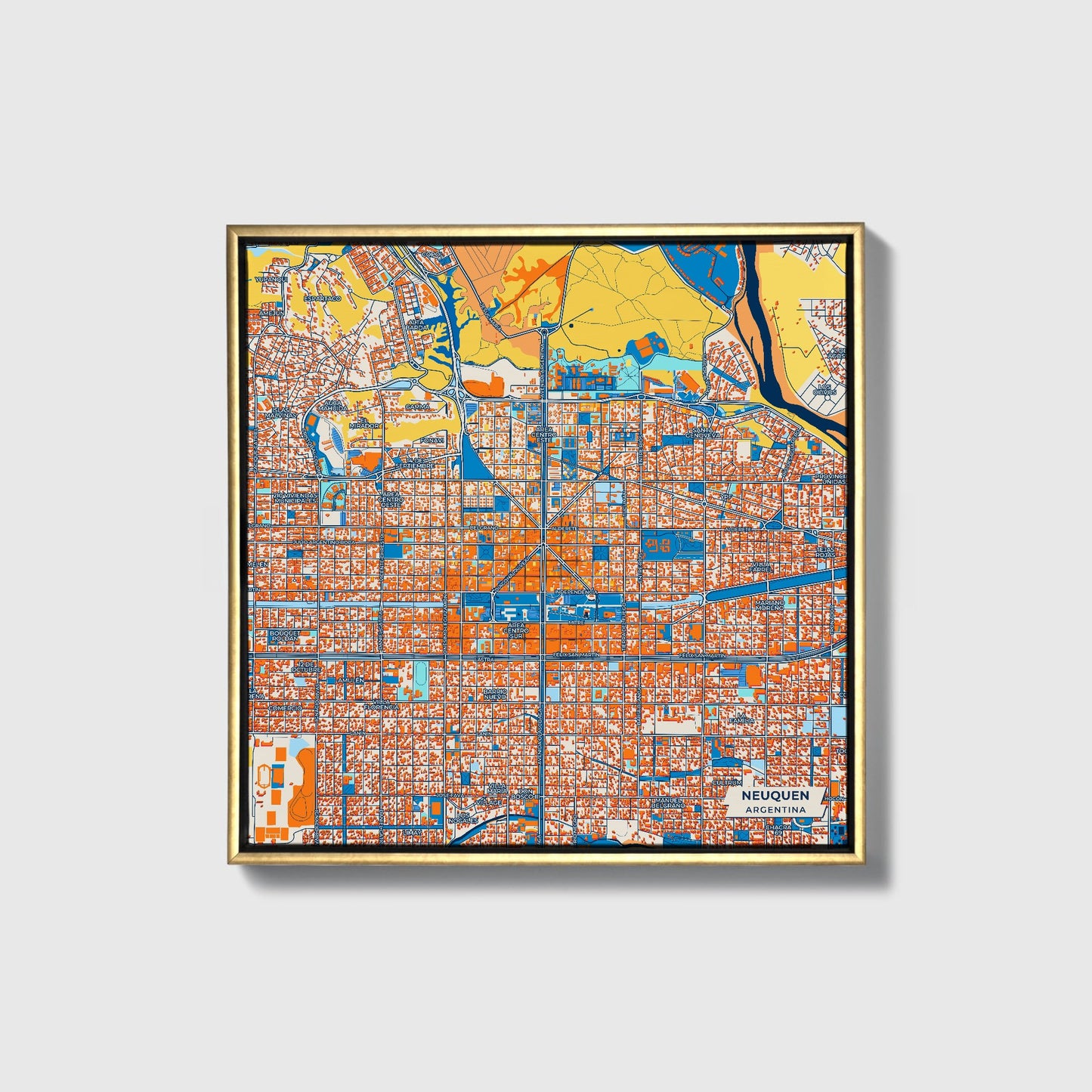 Neuquen Argentina Colorful City Map Canvas Print • Gold Framed