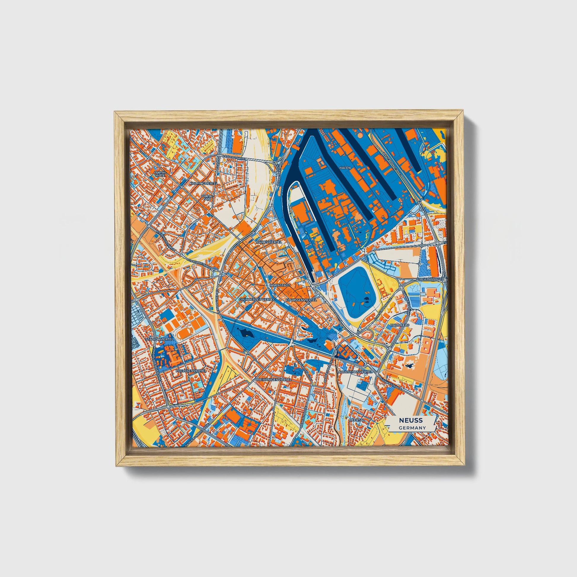 Neuss Germany Colorful City Map Canvas Print • Natural Wooden Framed