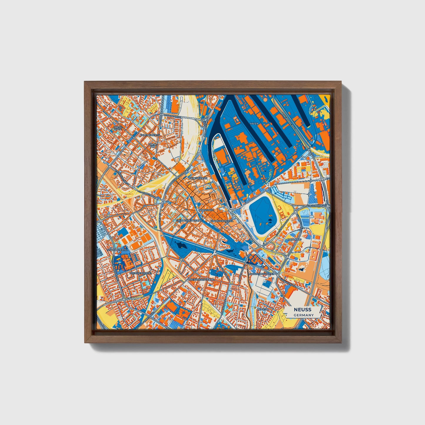 Neuss Germany Colorful City Map Canvas Print • Dark Wooden Framed