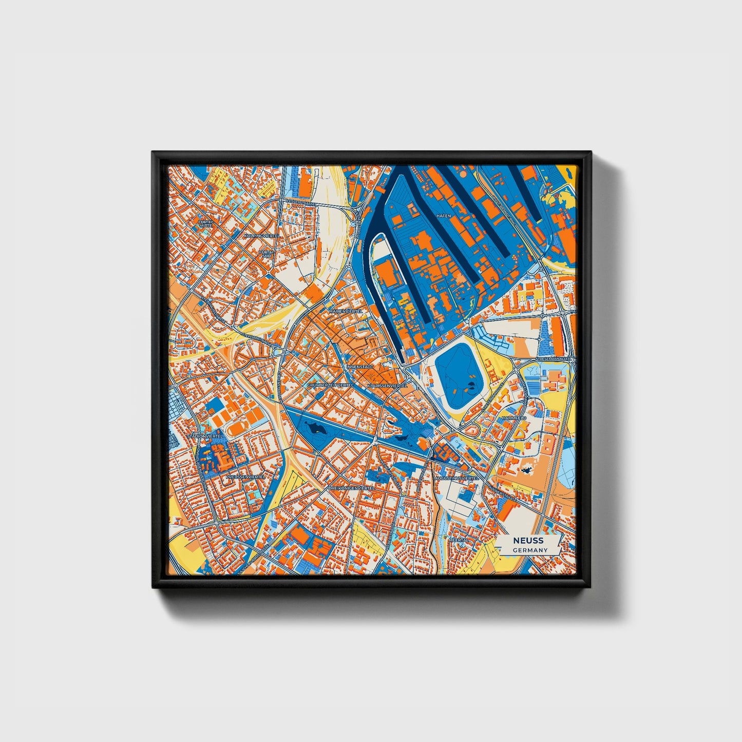 Neuss Germany Colorful City Map Canvas Print • Black Framed