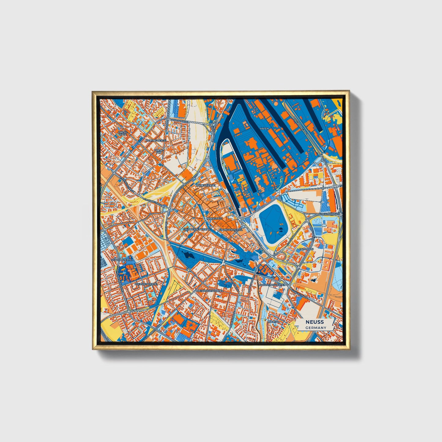 Neuss Germany Colorful City Map Canvas Print • Gold Framed