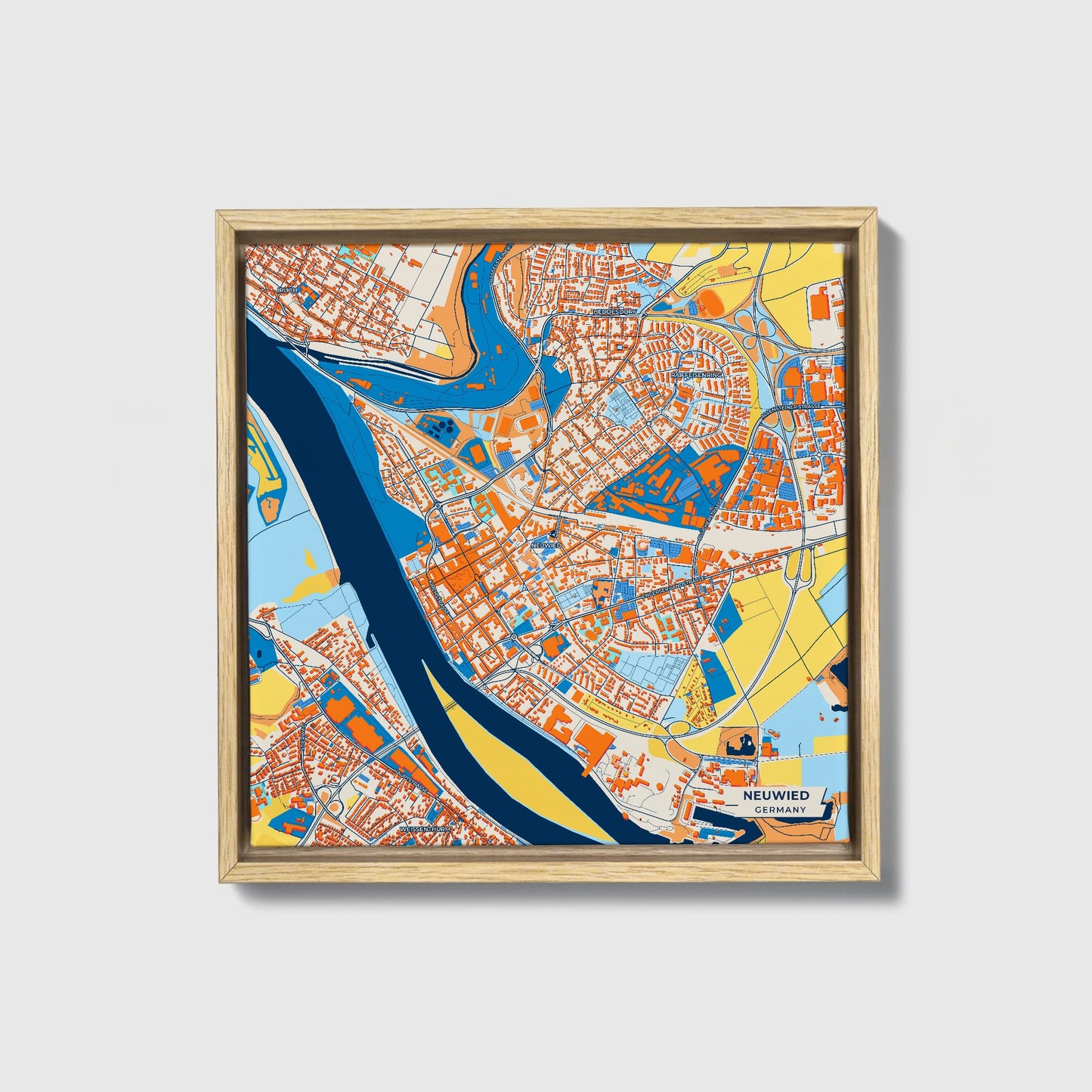 Neuwied Germany Colorful City Map Canvas Print • Natural Wooden Framed