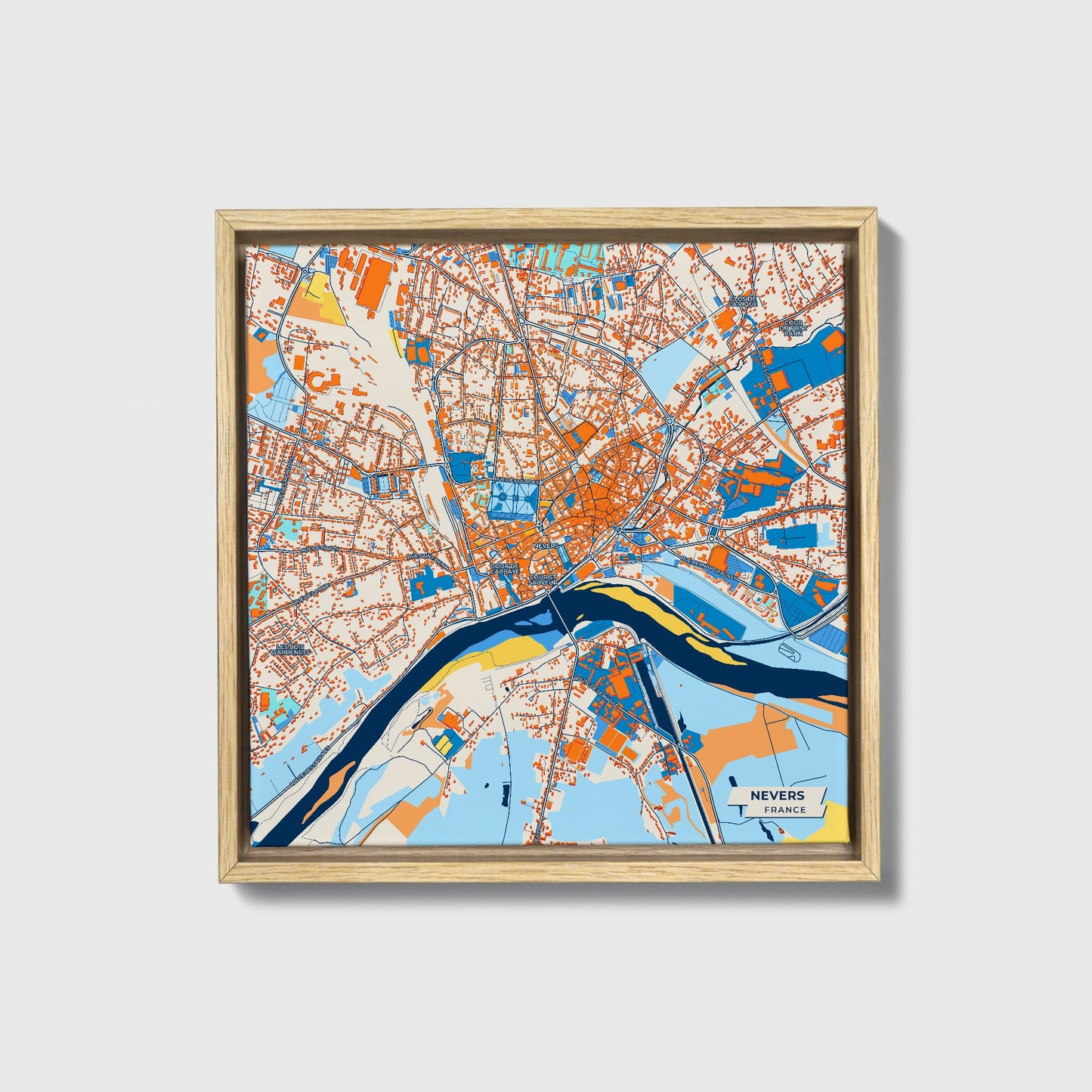 Nevers France Colorful City Map Canvas Print • Natural Wooden Framed