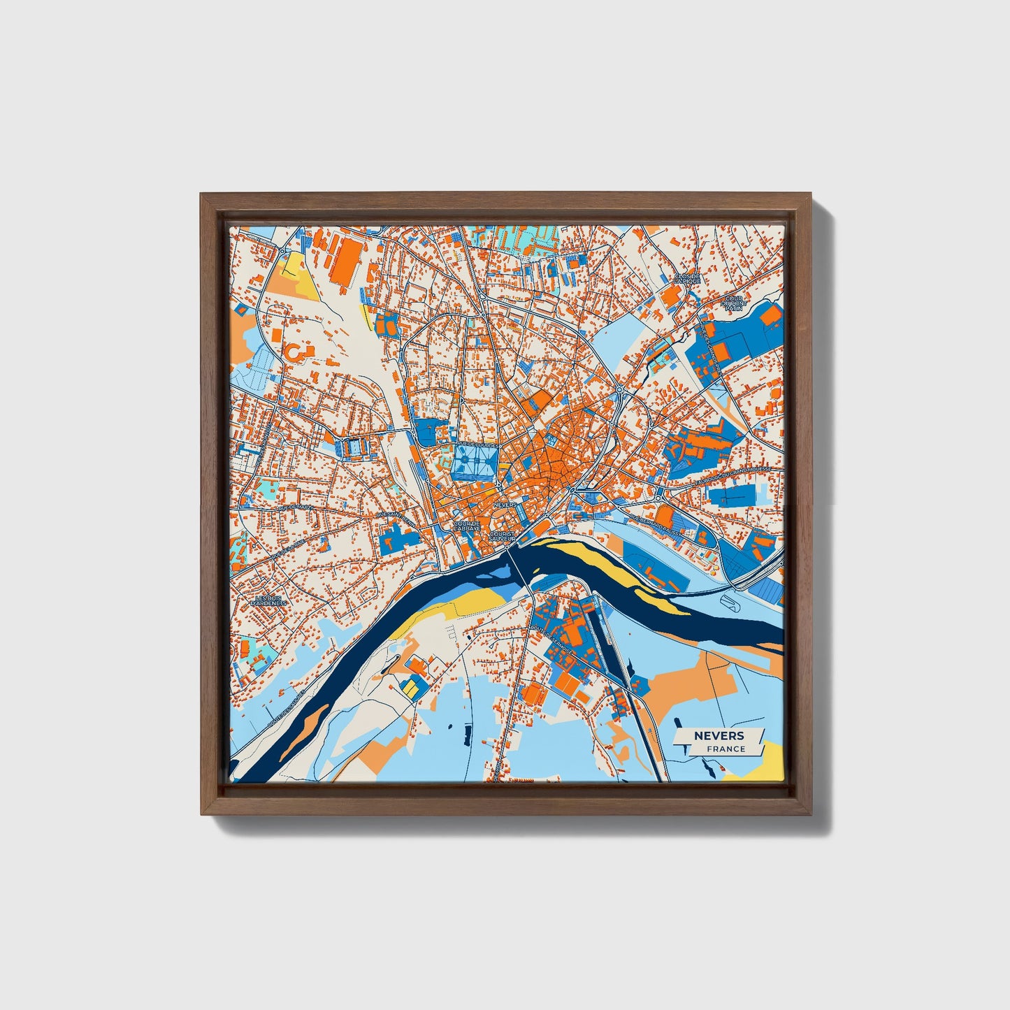 Nevers France Colorful City Map Canvas Print • Dark Wooden Framed