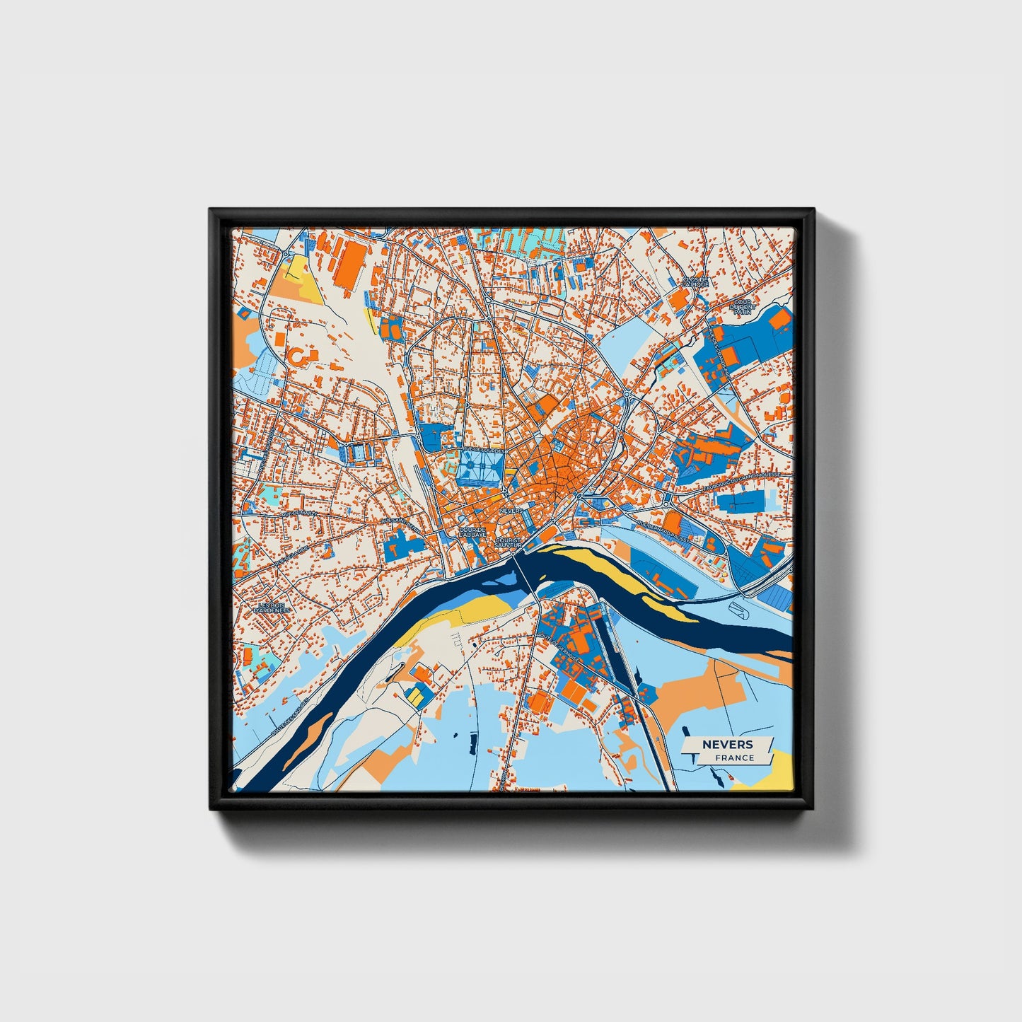 Nevers France Colorful City Map Canvas Print • Black Framed
