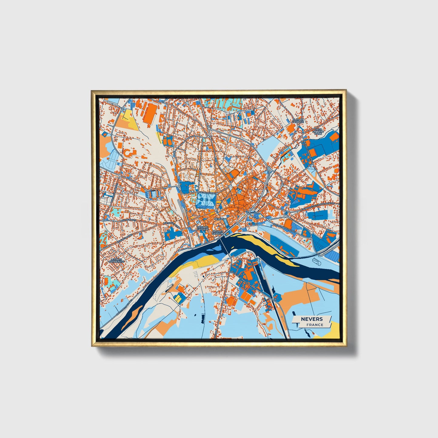 Nevers France Colorful City Map Canvas Print • Gold Framed