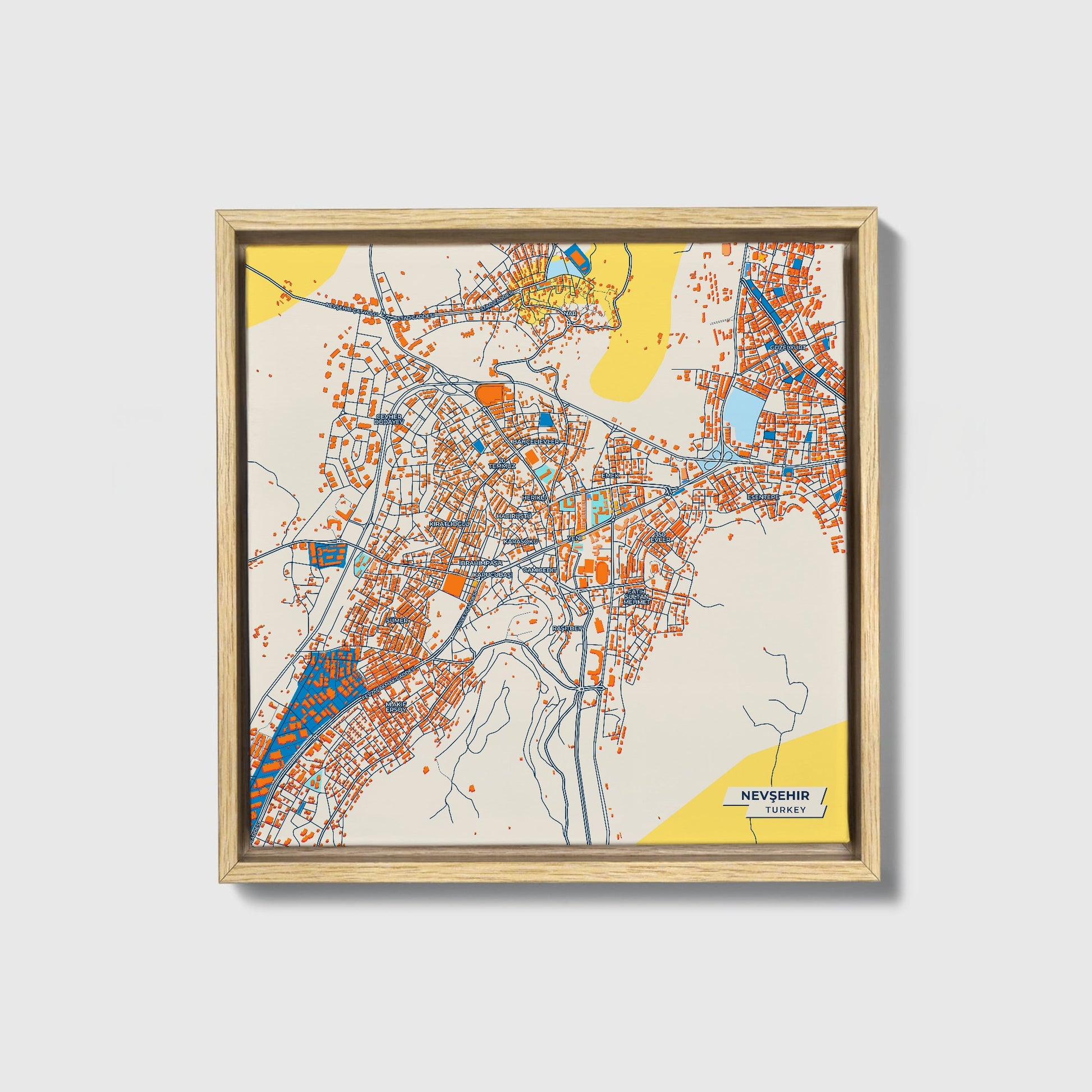 Nevşehi̇r Turkey Colorful City Map Canvas Print • Natural Wooden Framed
