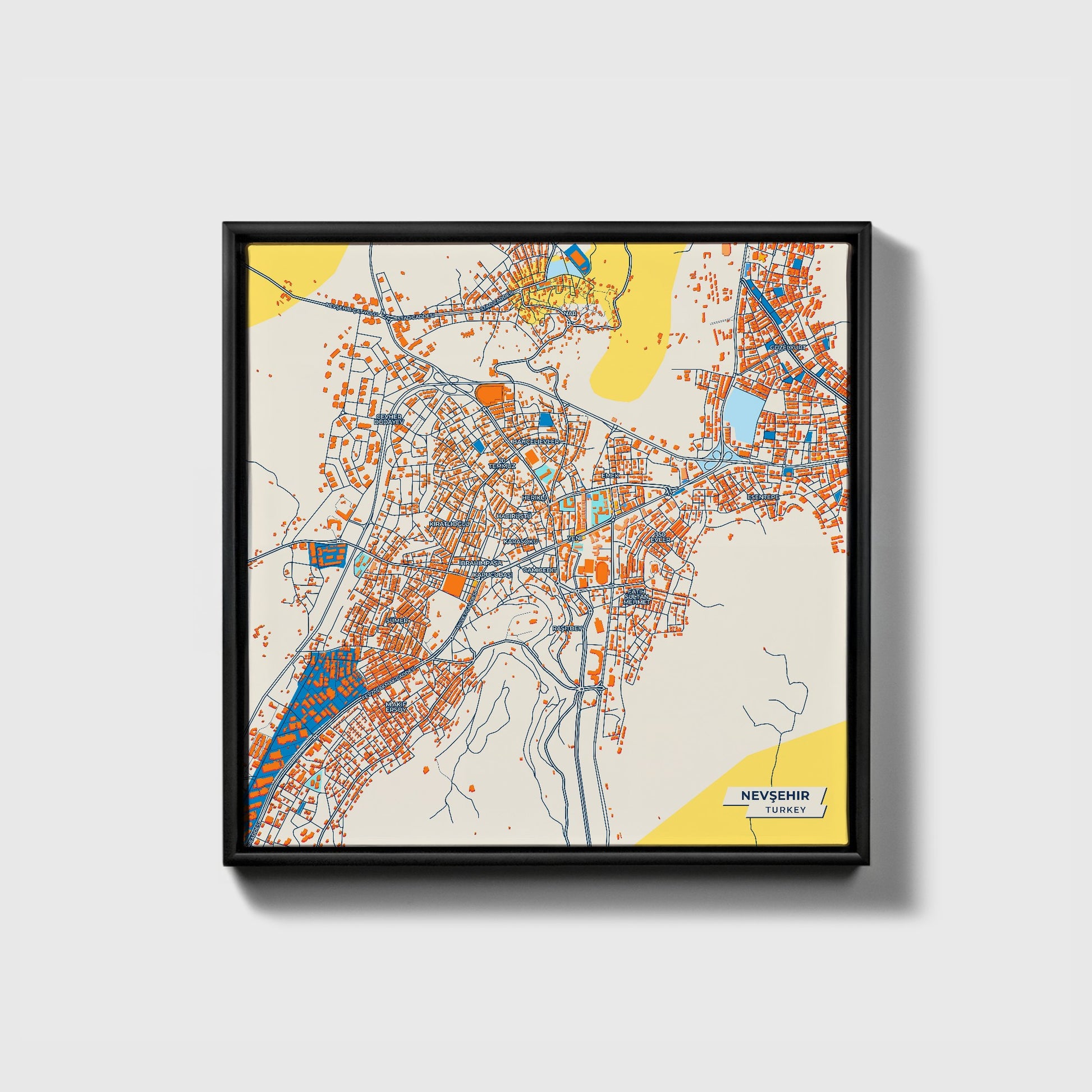 Nevşehi̇r Turkey Colorful City Map Canvas Print • Black Framed