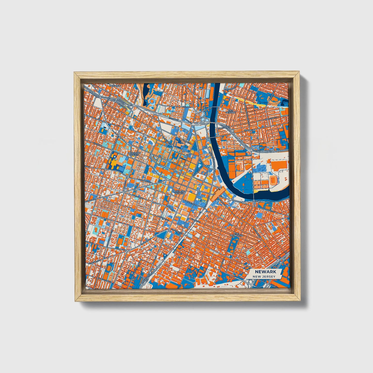 Newark New Jersey Colorful City Map Canvas Print • Natural Wooden Framed