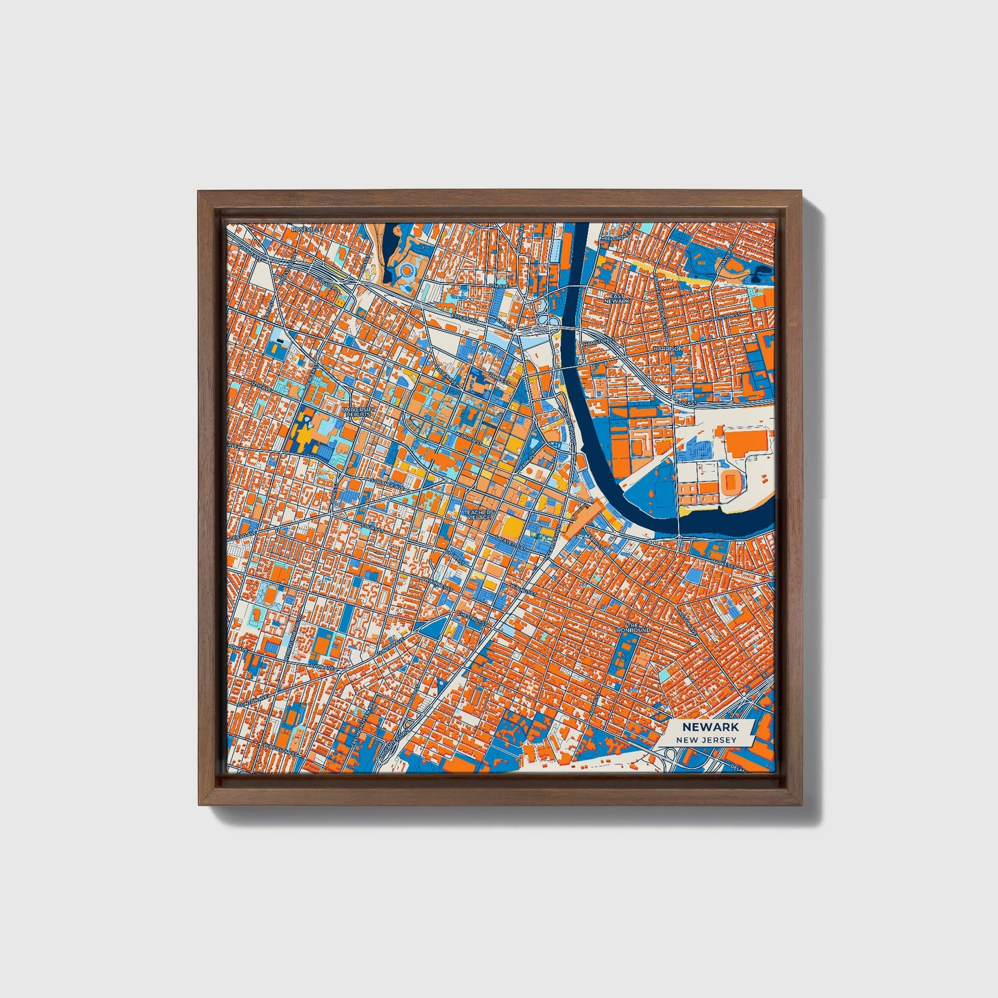Newark New Jersey Colorful City Map Canvas Print • Dark Wooden Framed