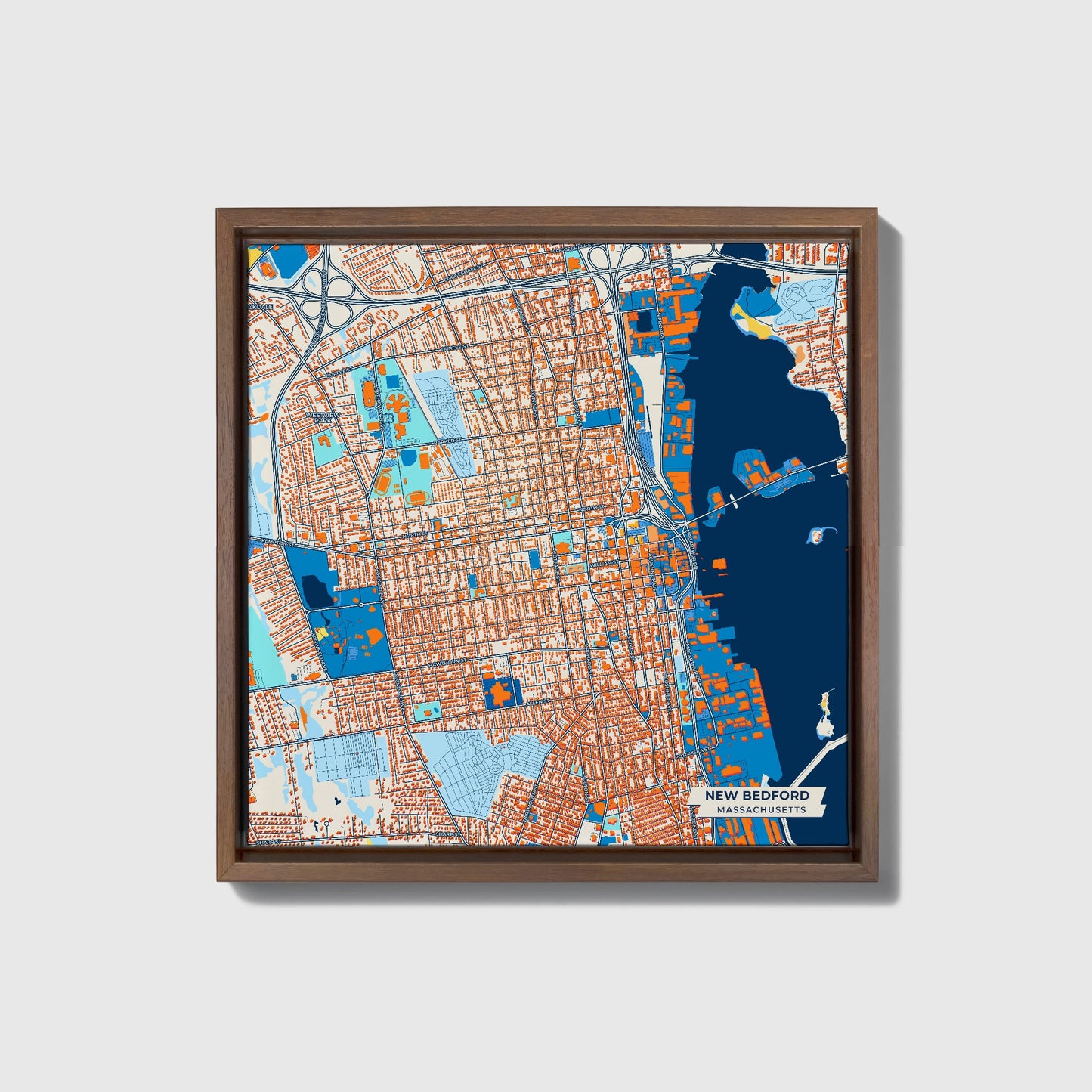 New Bedford Massachusetts Colorful City Map Canvas Print • Dark Wooden Framed