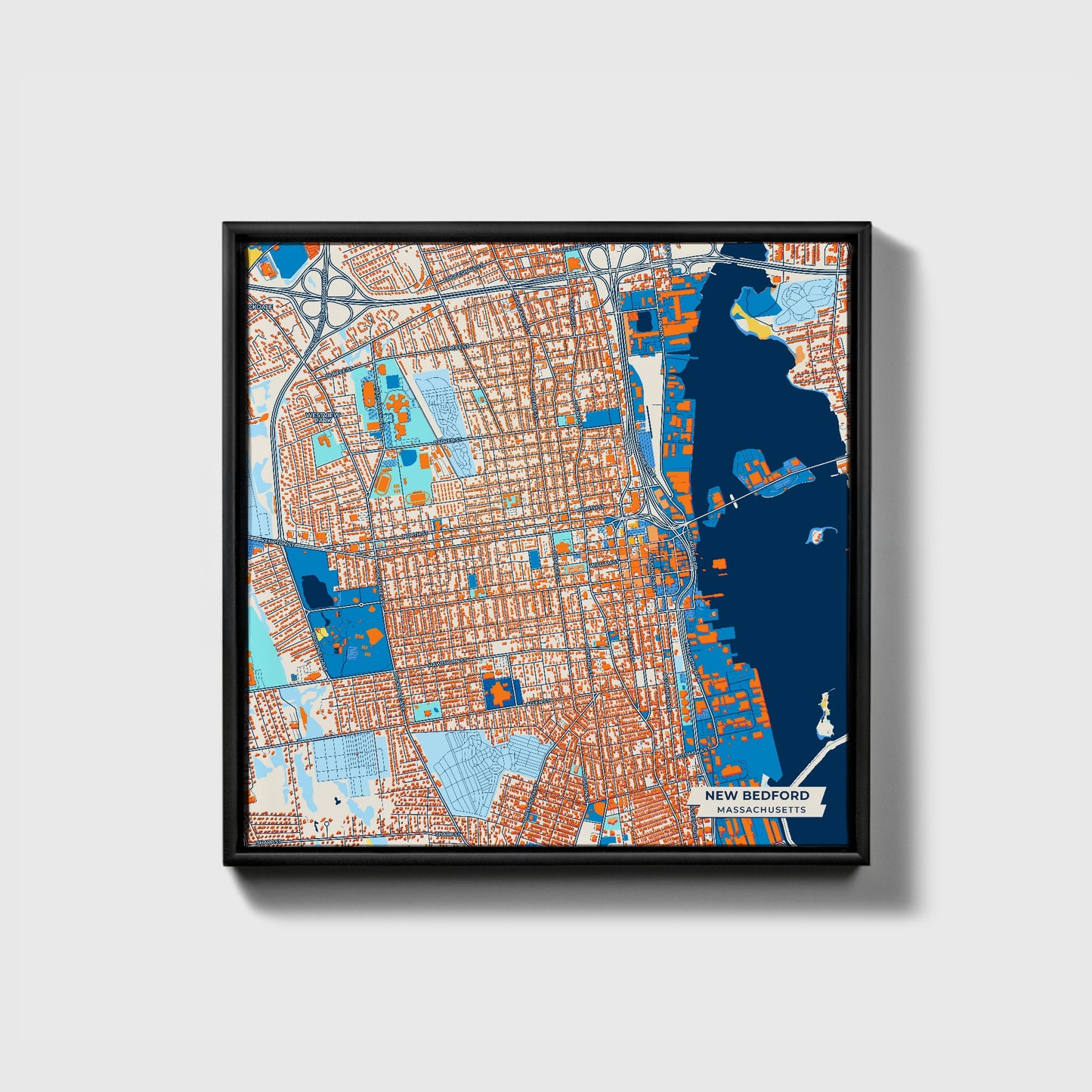 New Bedford Massachusetts Colorful City Map Canvas Print • Black Framed
