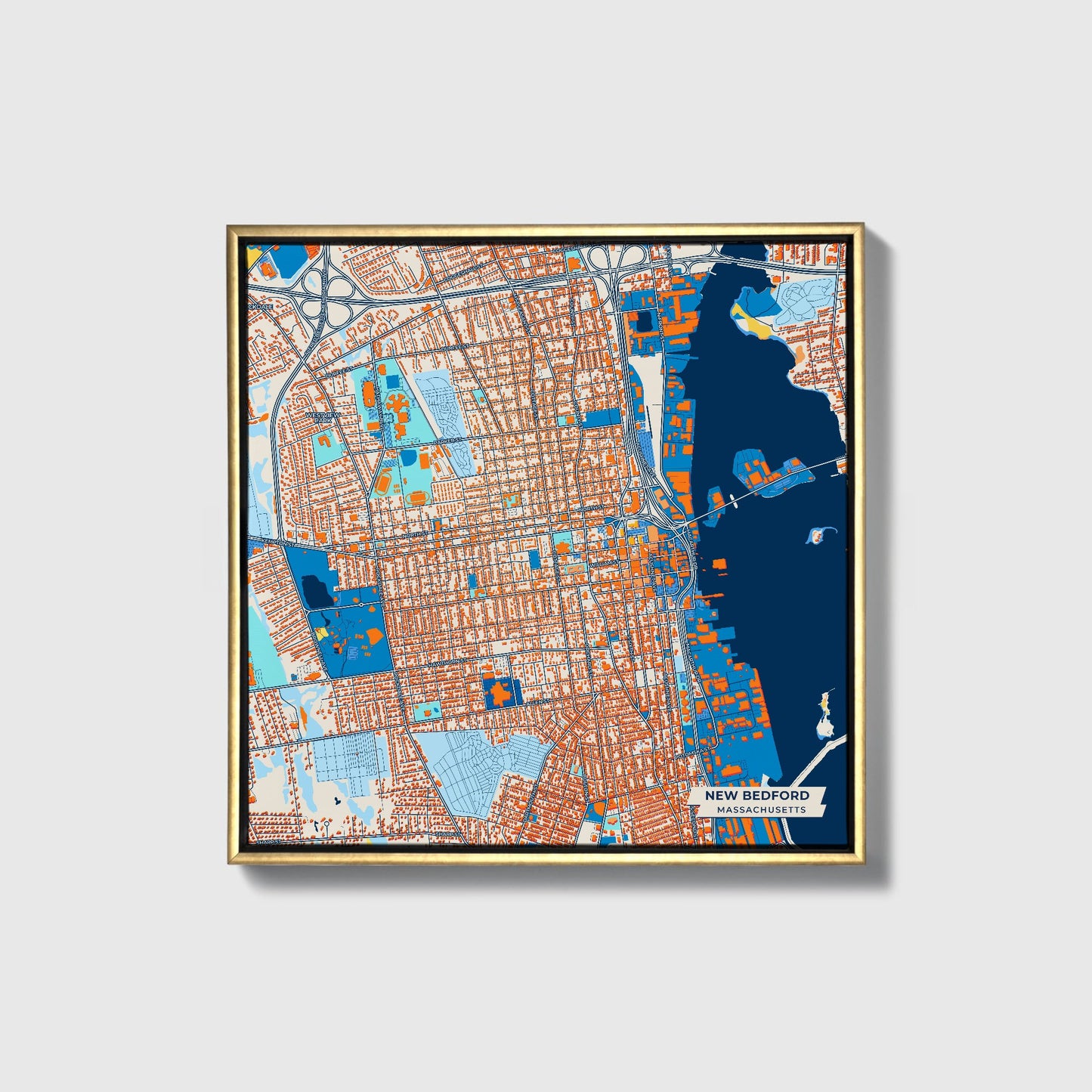 New Bedford Massachusetts Colorful City Map Canvas Print • Gold Framed