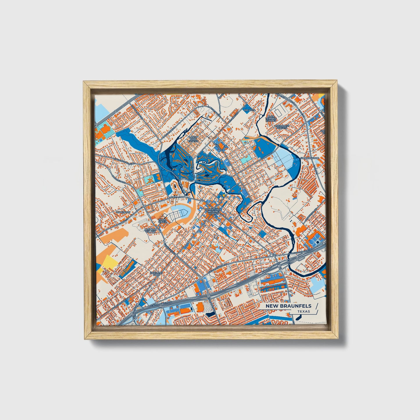 New Braunfels Texas Colorful City Map Canvas Print • Natural Wooden Framed