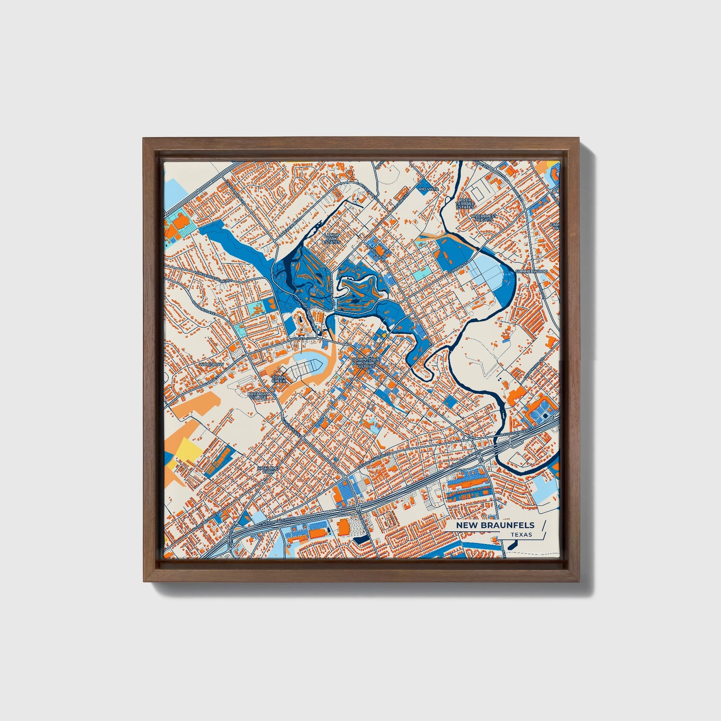 New Braunfels Texas Colorful City Map Canvas Print • Dark Wooden Framed