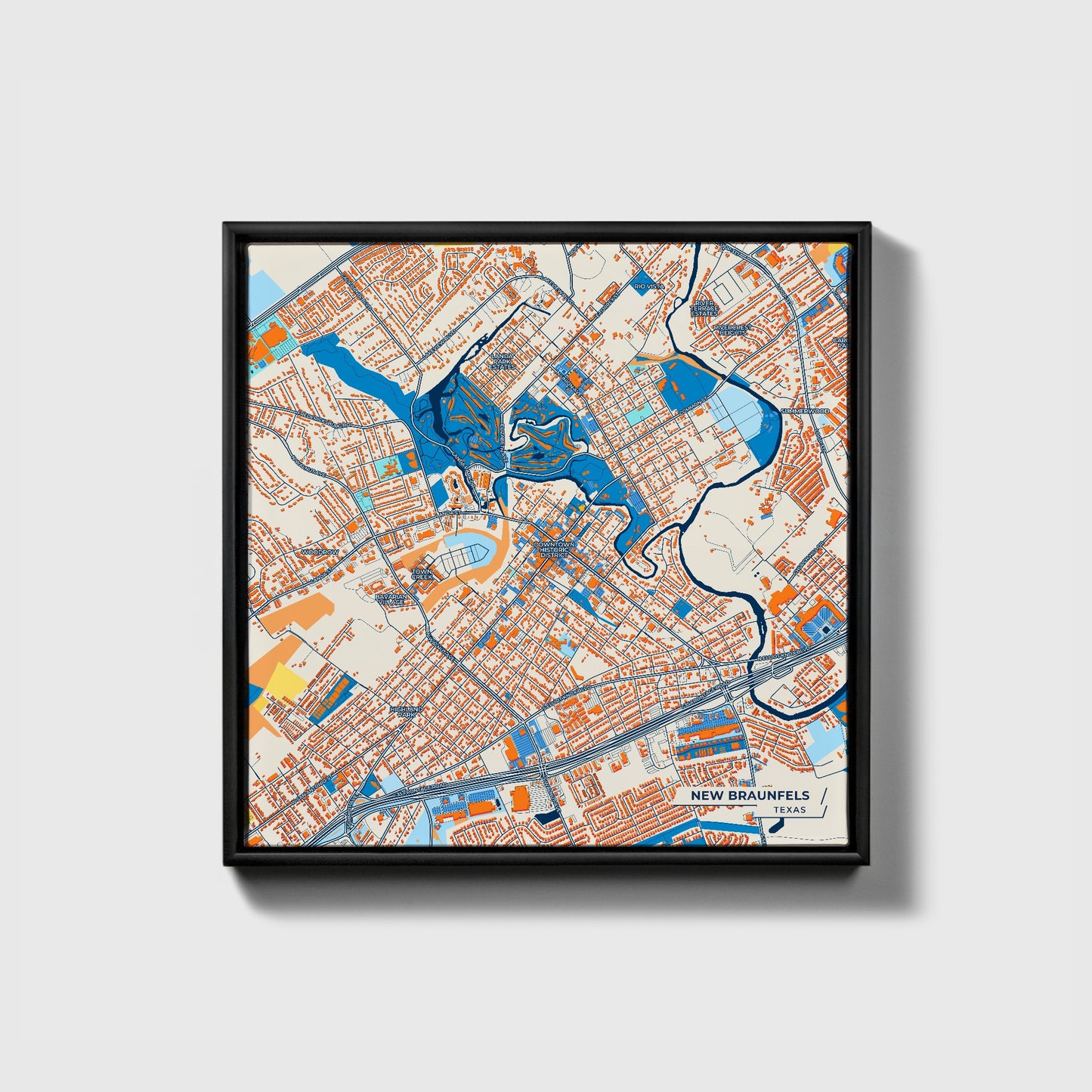 New Braunfels Texas Colorful City Map Canvas Print • Black Framed