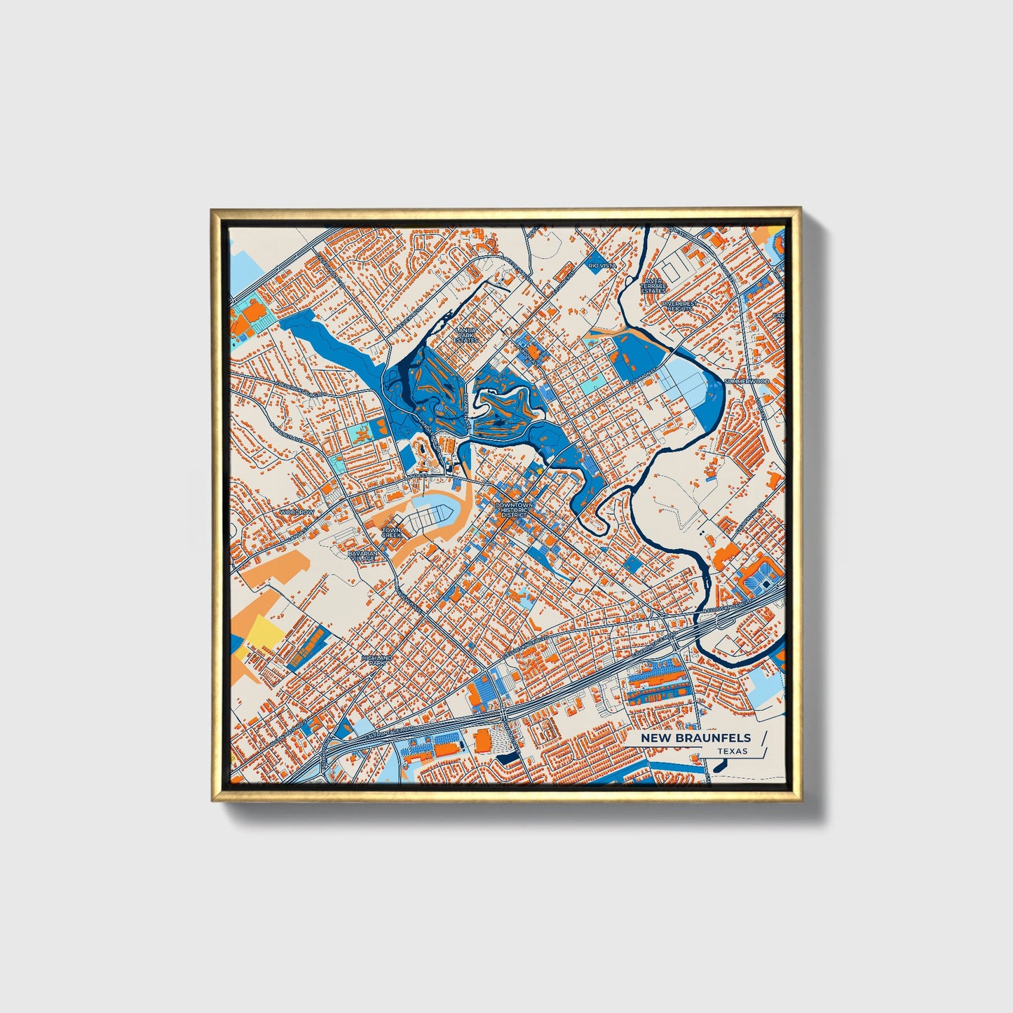 New Braunfels Texas Colorful City Map Canvas Print • Gold Framed