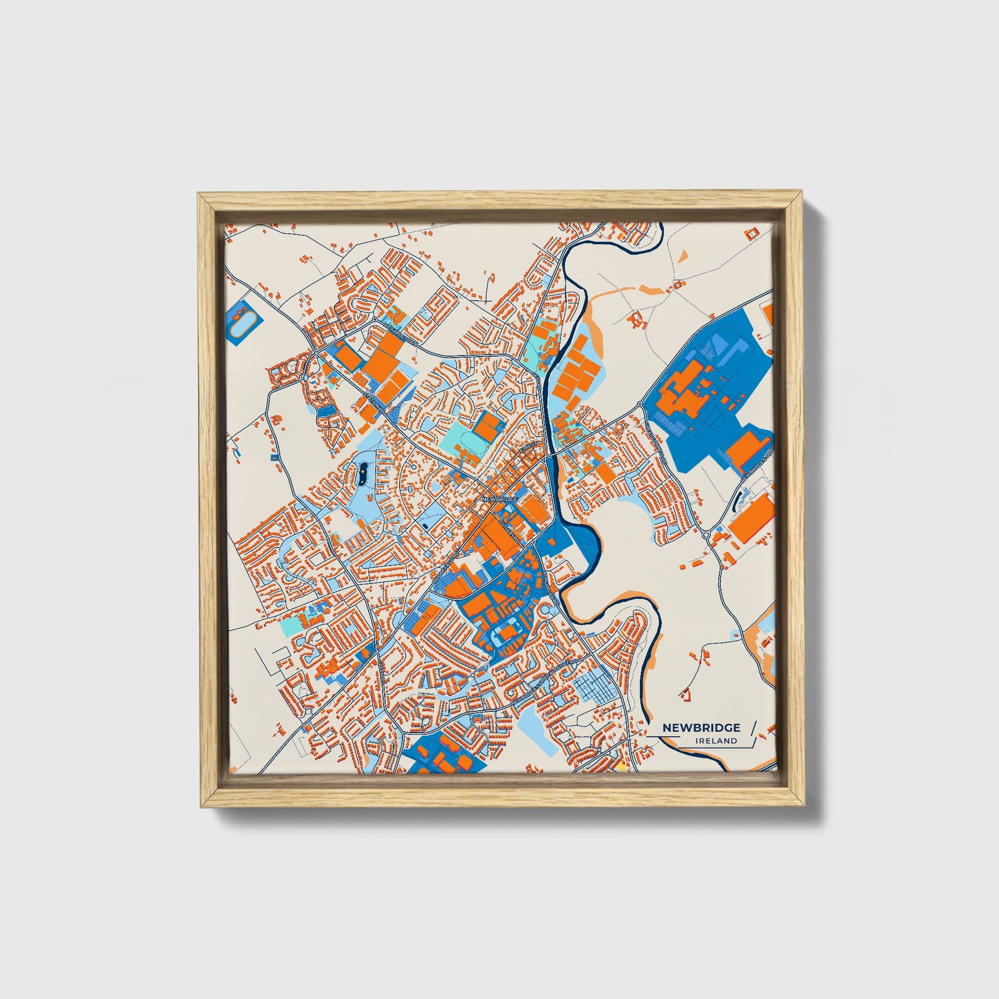 Newbridge Ireland Colorful City Map Canvas Print • Natural Wooden Framed