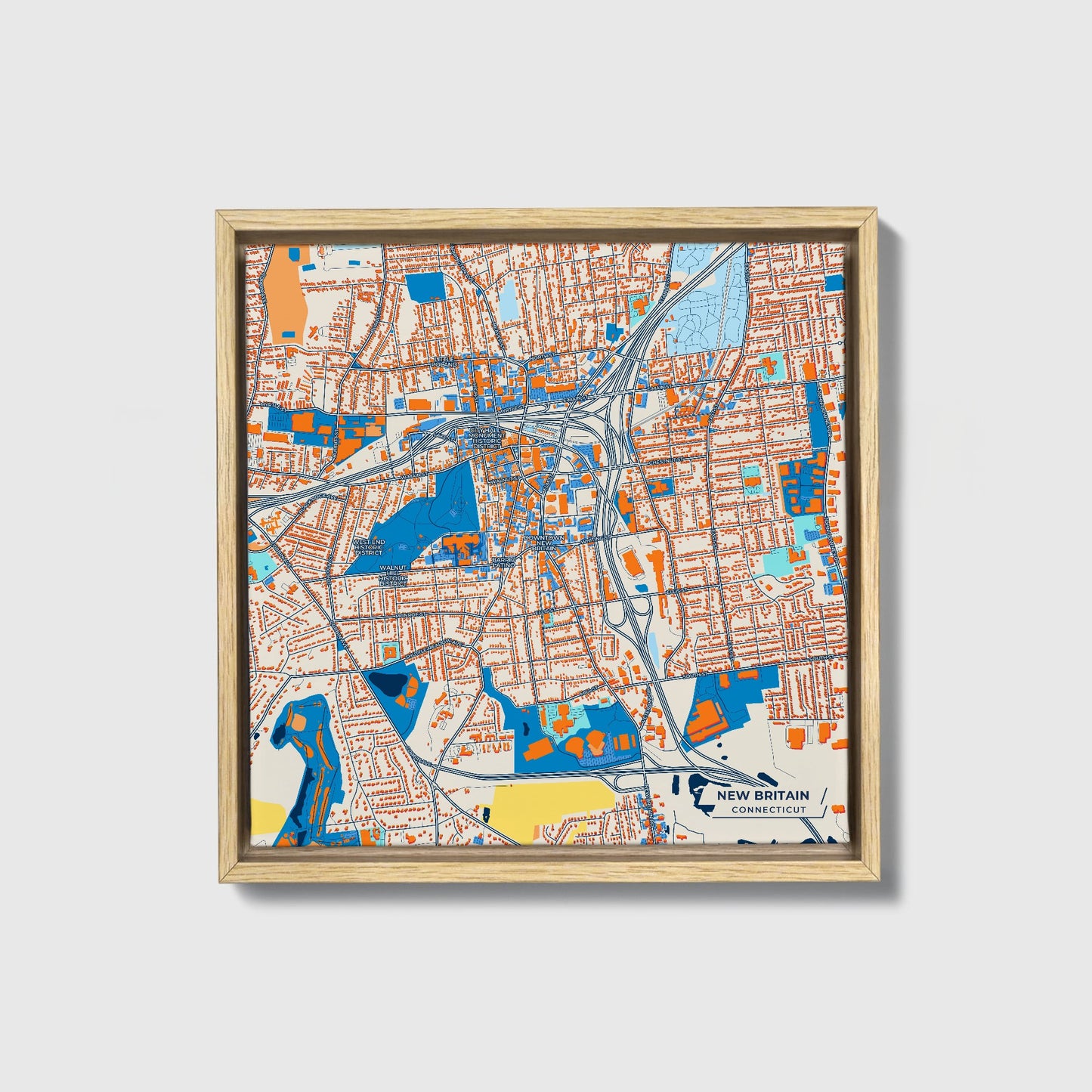 New Britain Connecticut Colorful City Map Canvas Print • Natural Wooden Framed