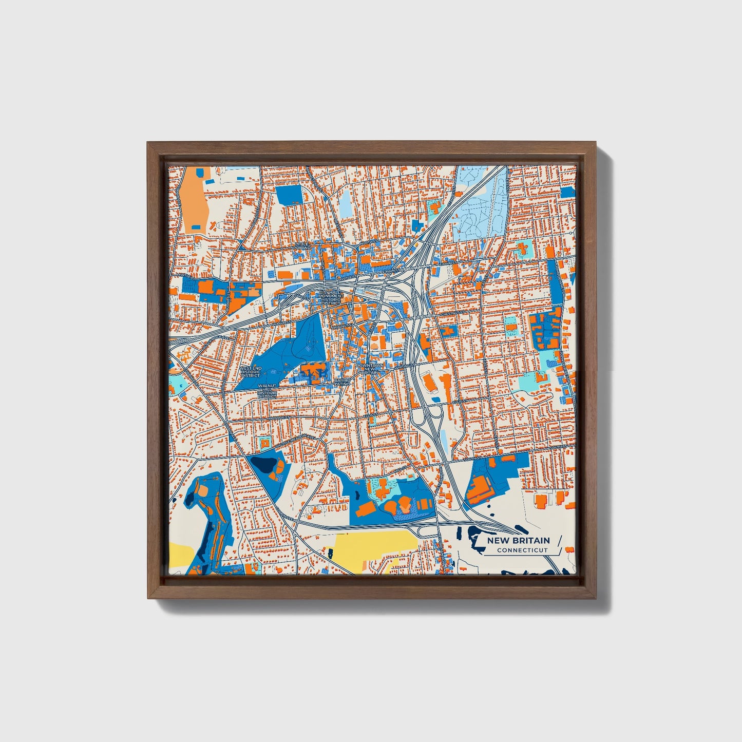 New Britain Connecticut Colorful City Map Canvas Print • Dark Wooden Framed