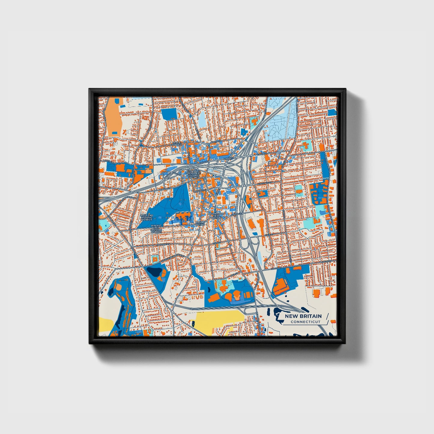 New Britain Connecticut Colorful City Map Canvas Print • Black Framed