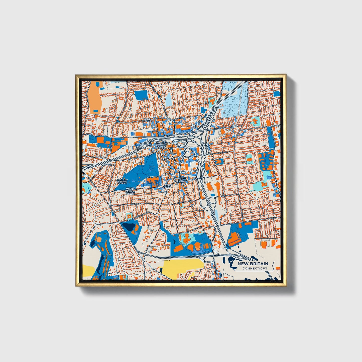 New Britain Connecticut Colorful City Map Canvas Print • Gold Framed