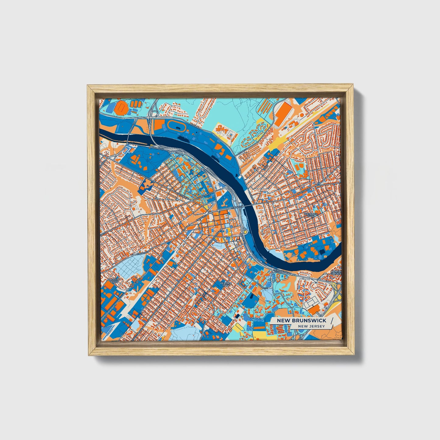 New Brunswick New Jersey Colorful City Map Canvas Print • Natural Wooden Framed