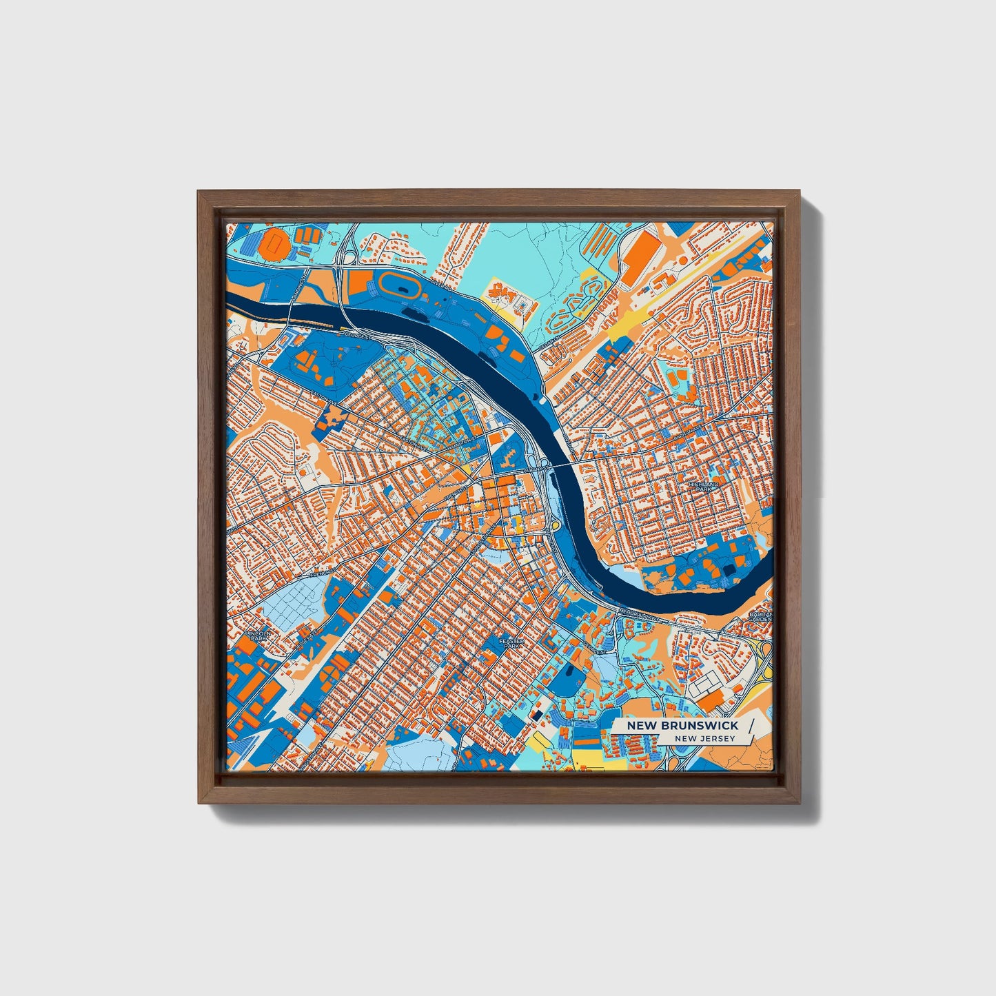 New Brunswick New Jersey Colorful City Map Canvas Print • Dark Wooden Framed