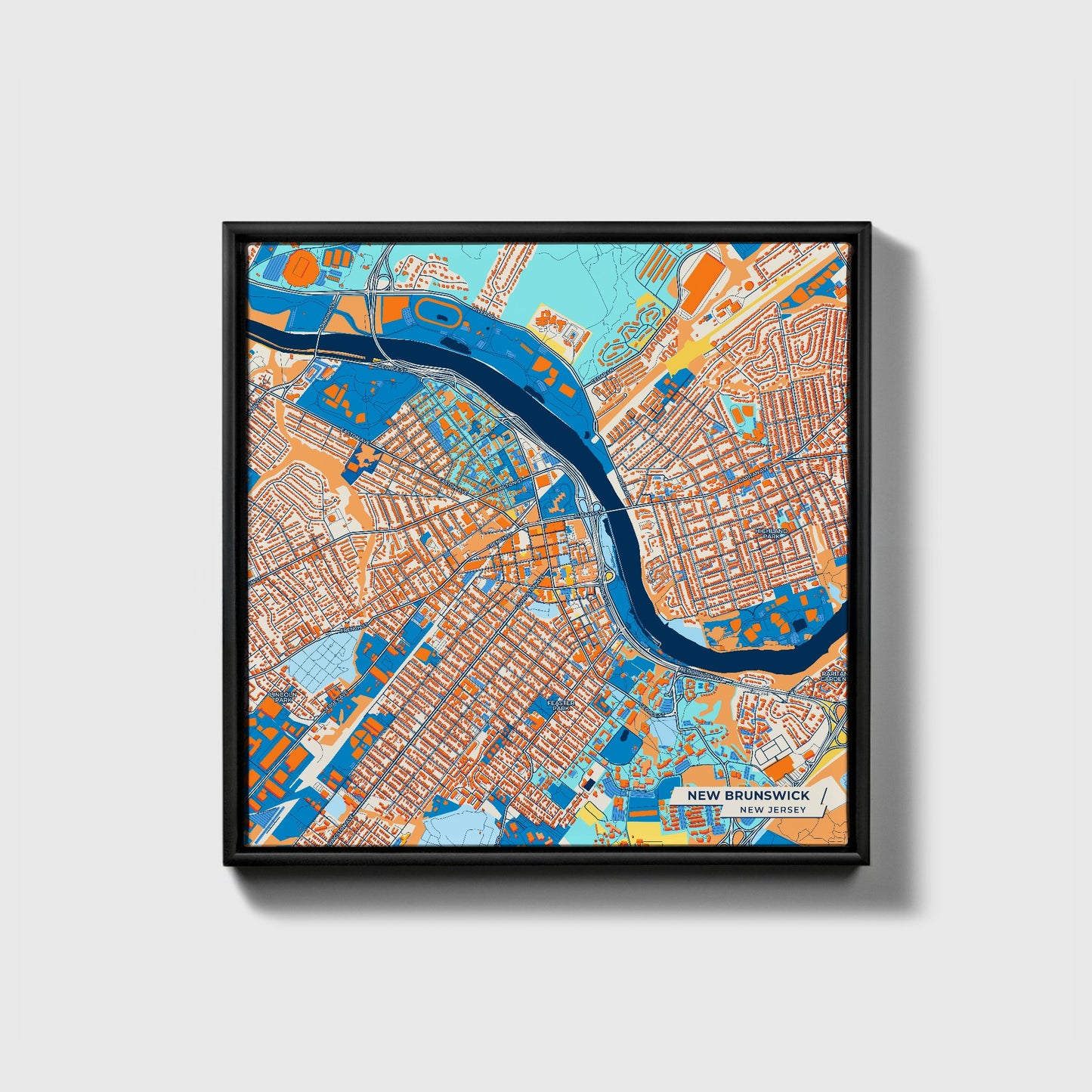 New Brunswick New Jersey Colorful City Map Canvas Print • Black Framed