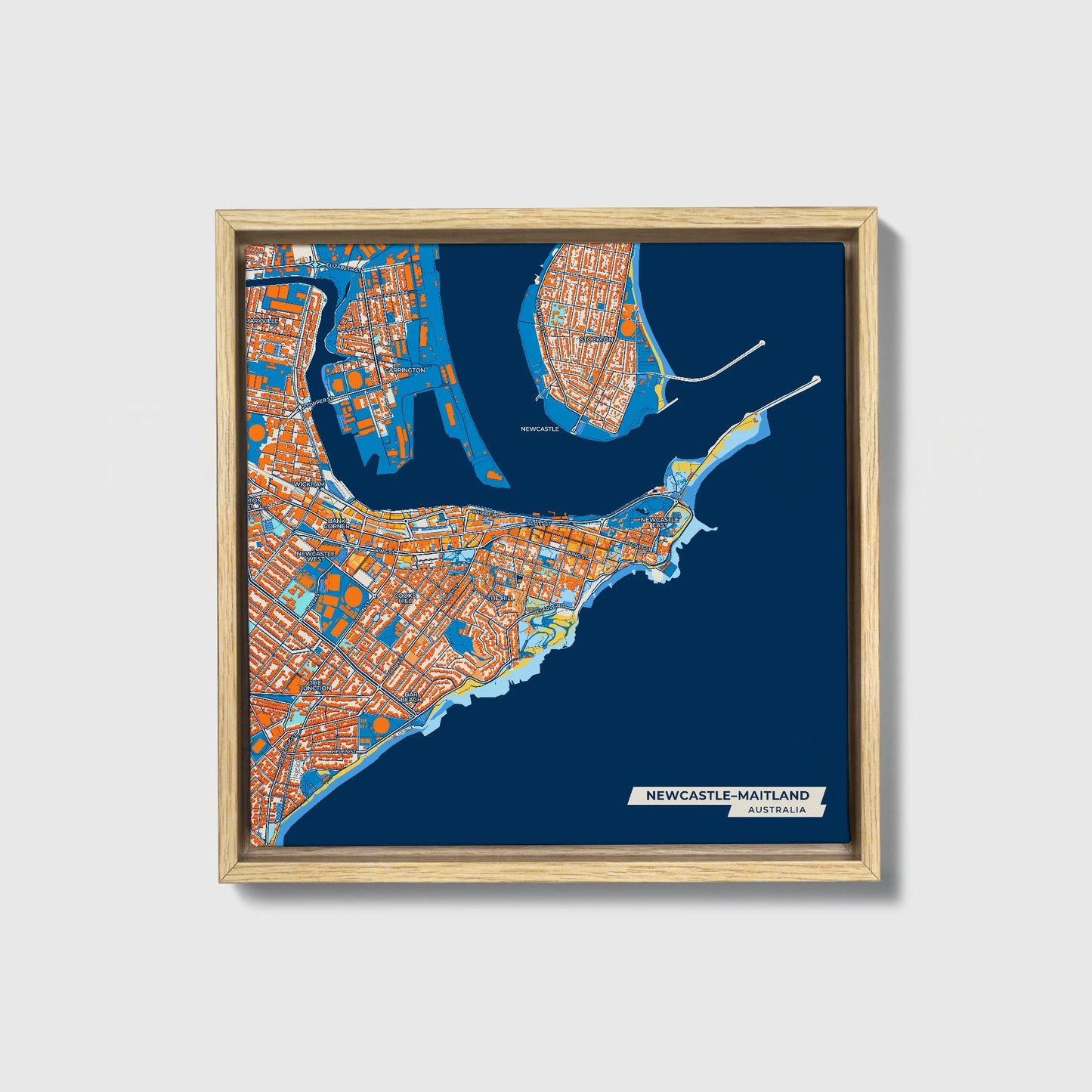 Newcastle–Maitland Australia Colorful City Map Canvas Print • Natural Wooden Framed
