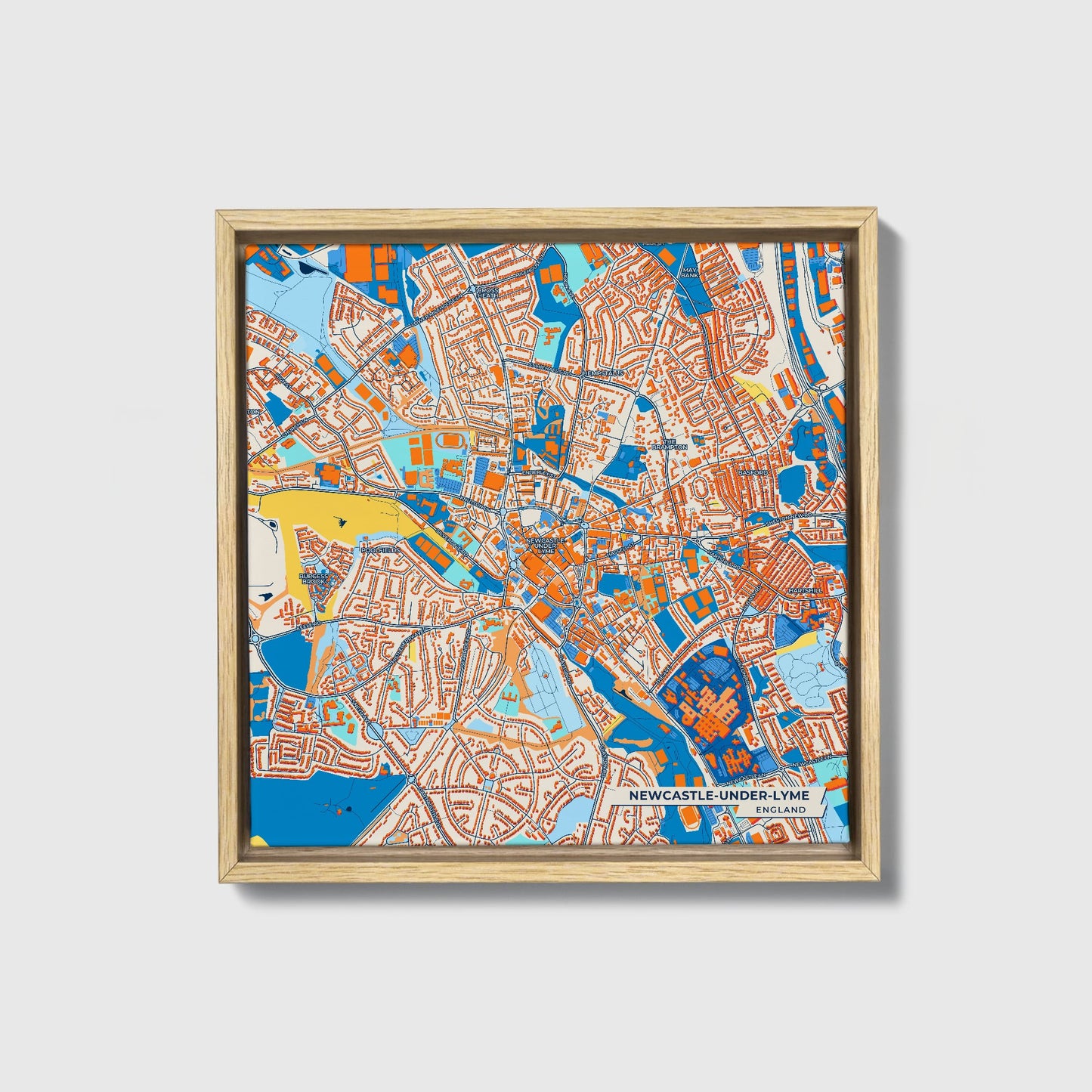 Newcastle-Under-Lyme England Colorful City Map Canvas Print • Natural Wooden Framed
