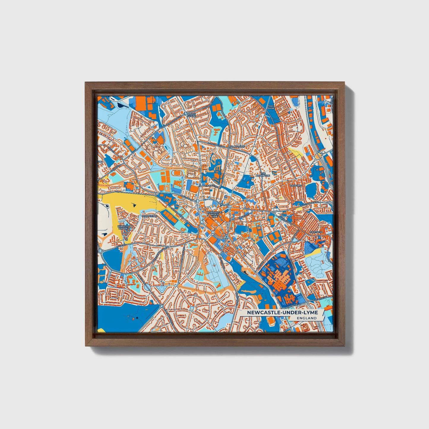 Newcastle-Under-Lyme England Colorful City Map Canvas Print • Dark Wooden Framed